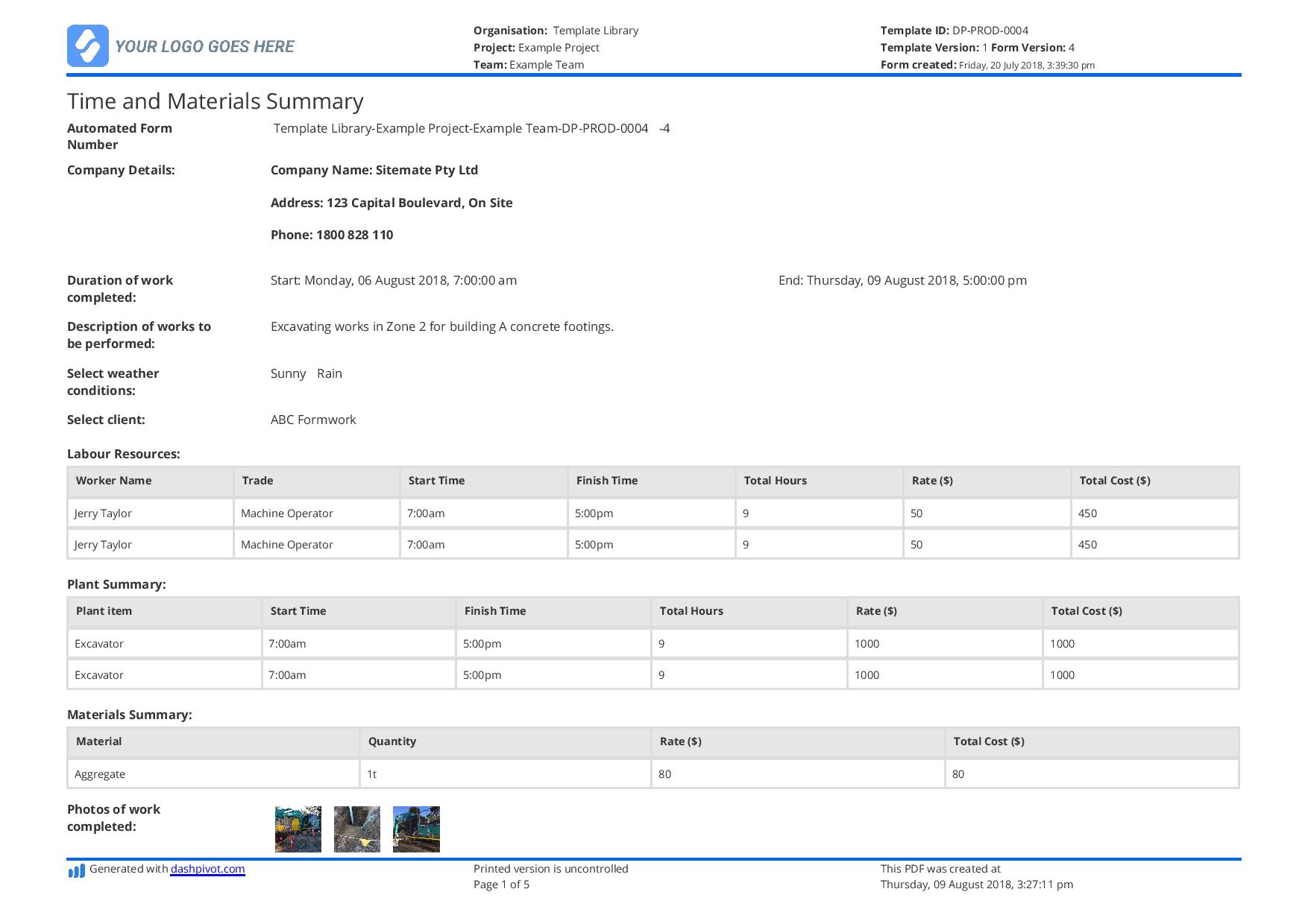 Construction time and materials template