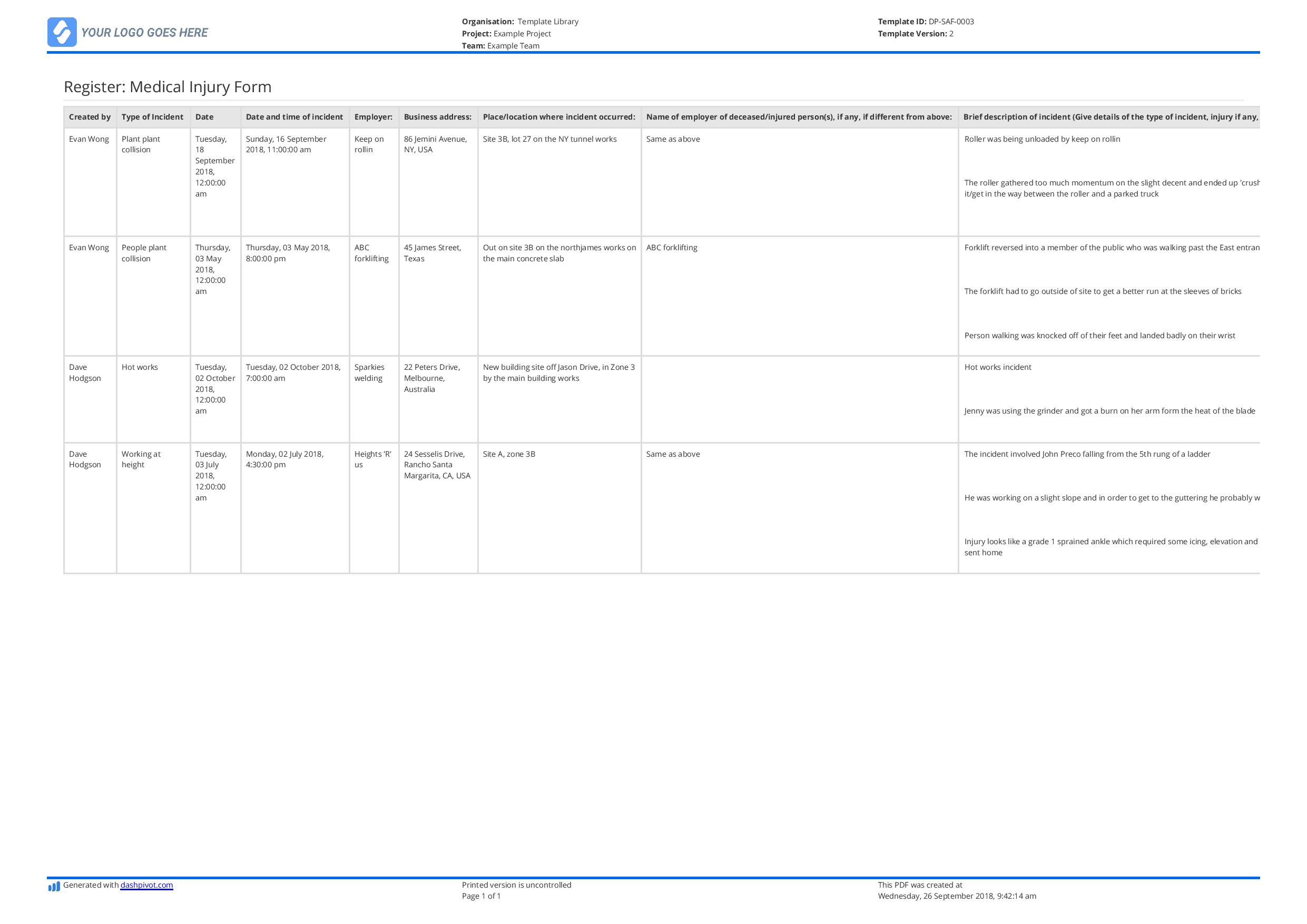 Free First Aid Register template: Better than excel and easily editable