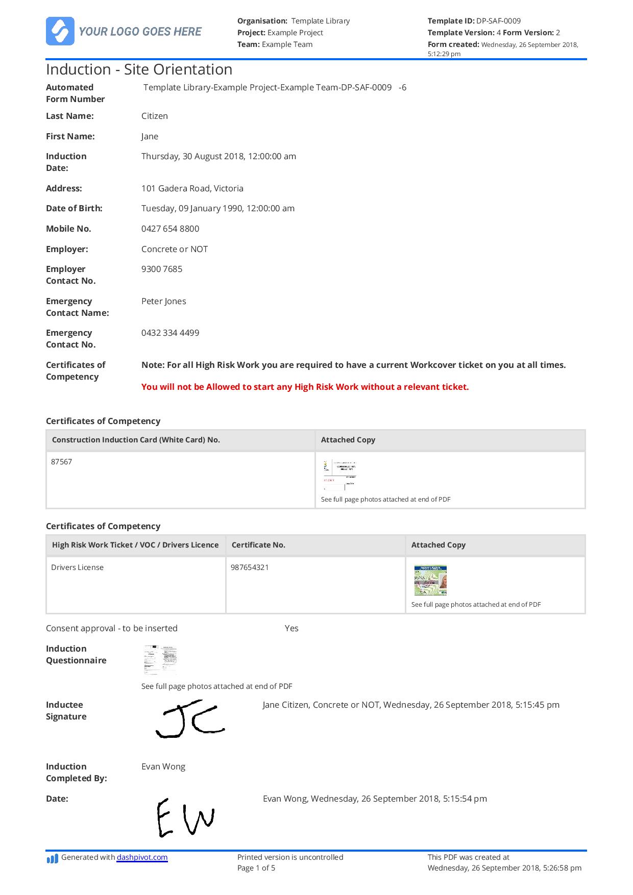 Site Induction Template Word