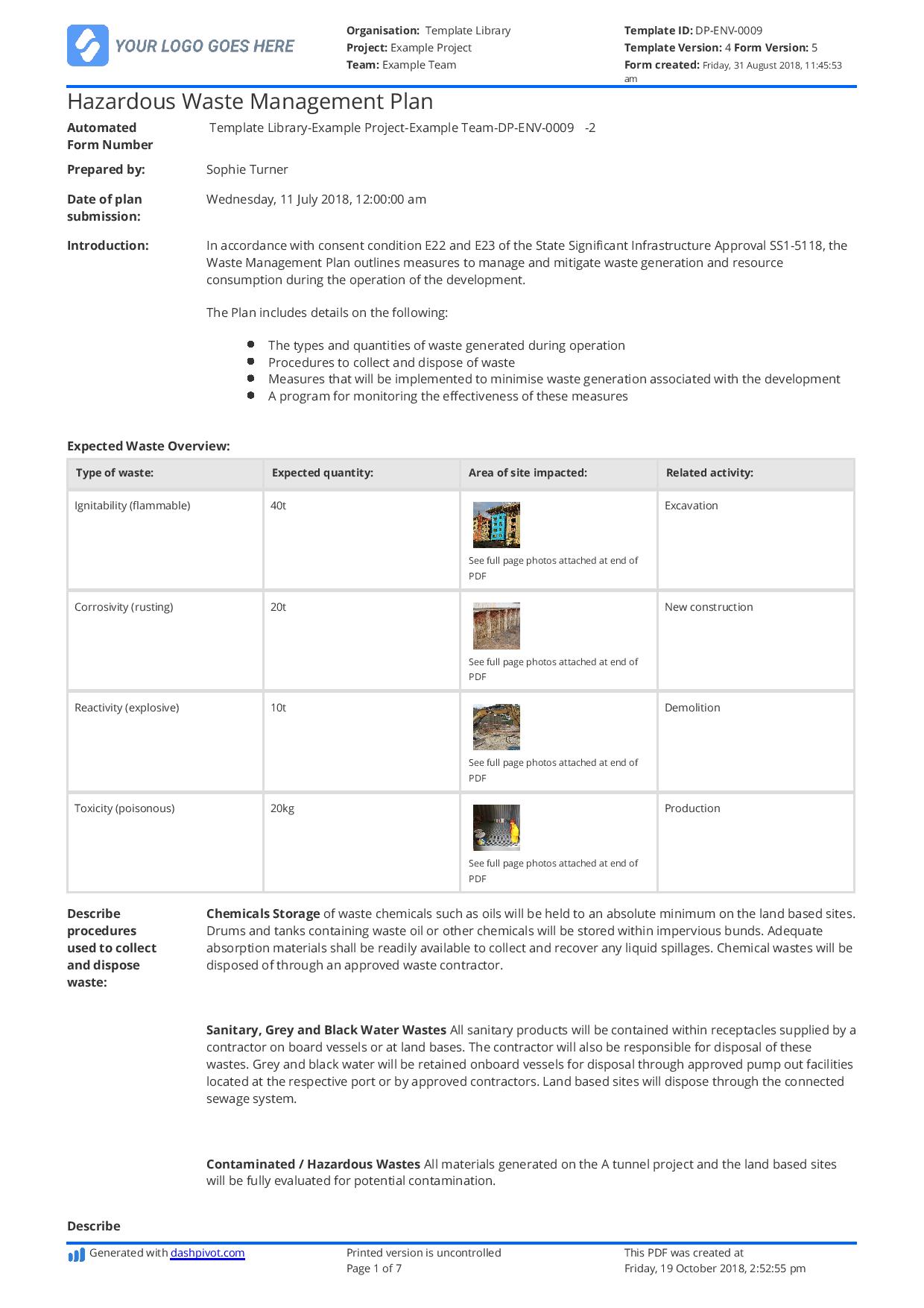 Free Waste Management Plan For Construction Site Customisable 