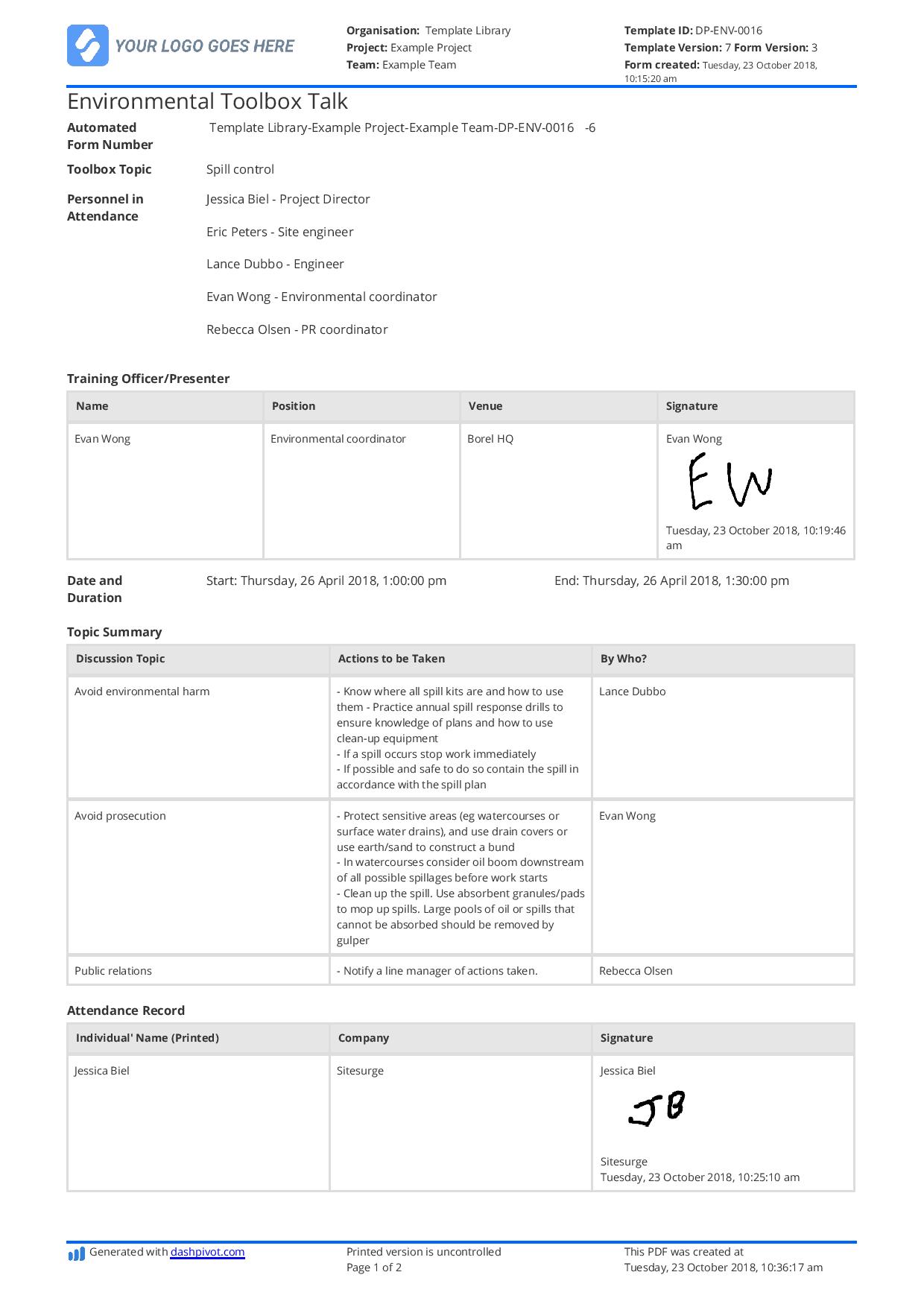 Environmental Toolbox Talk template (Better than PDF, excel and word) Intended For Toolbox Meeting Template Doc