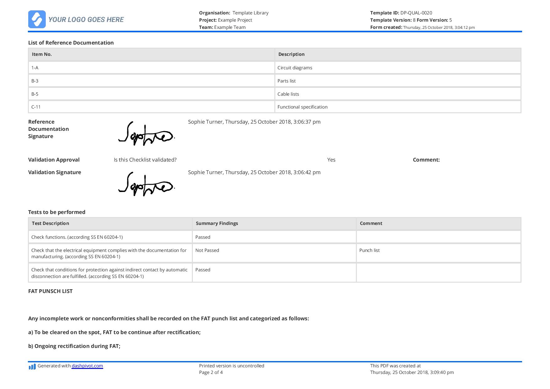 Factory Acceptance Test Checklist Template and Example