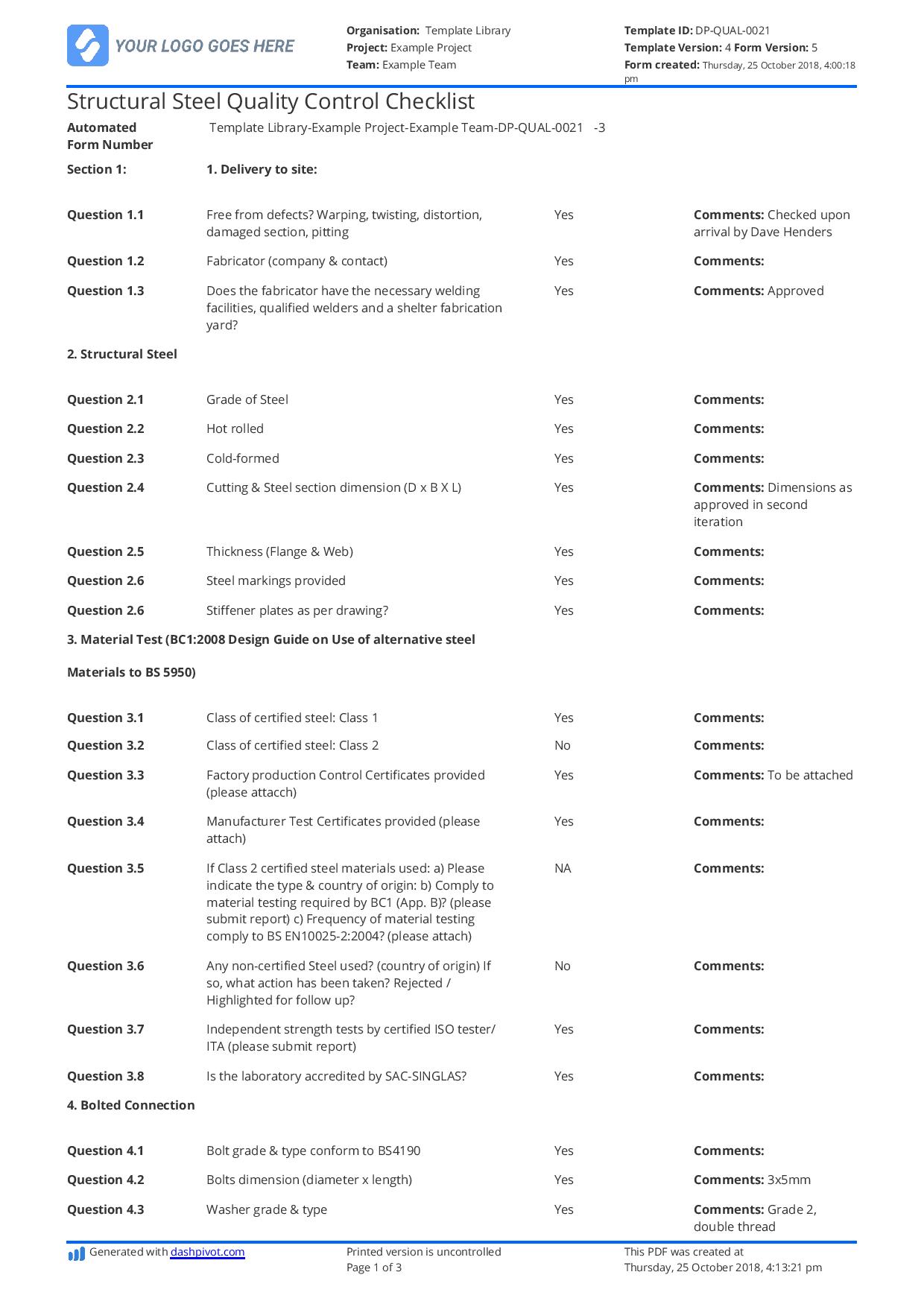 Structural Steel Quality Control Checklist: Free to use and editable