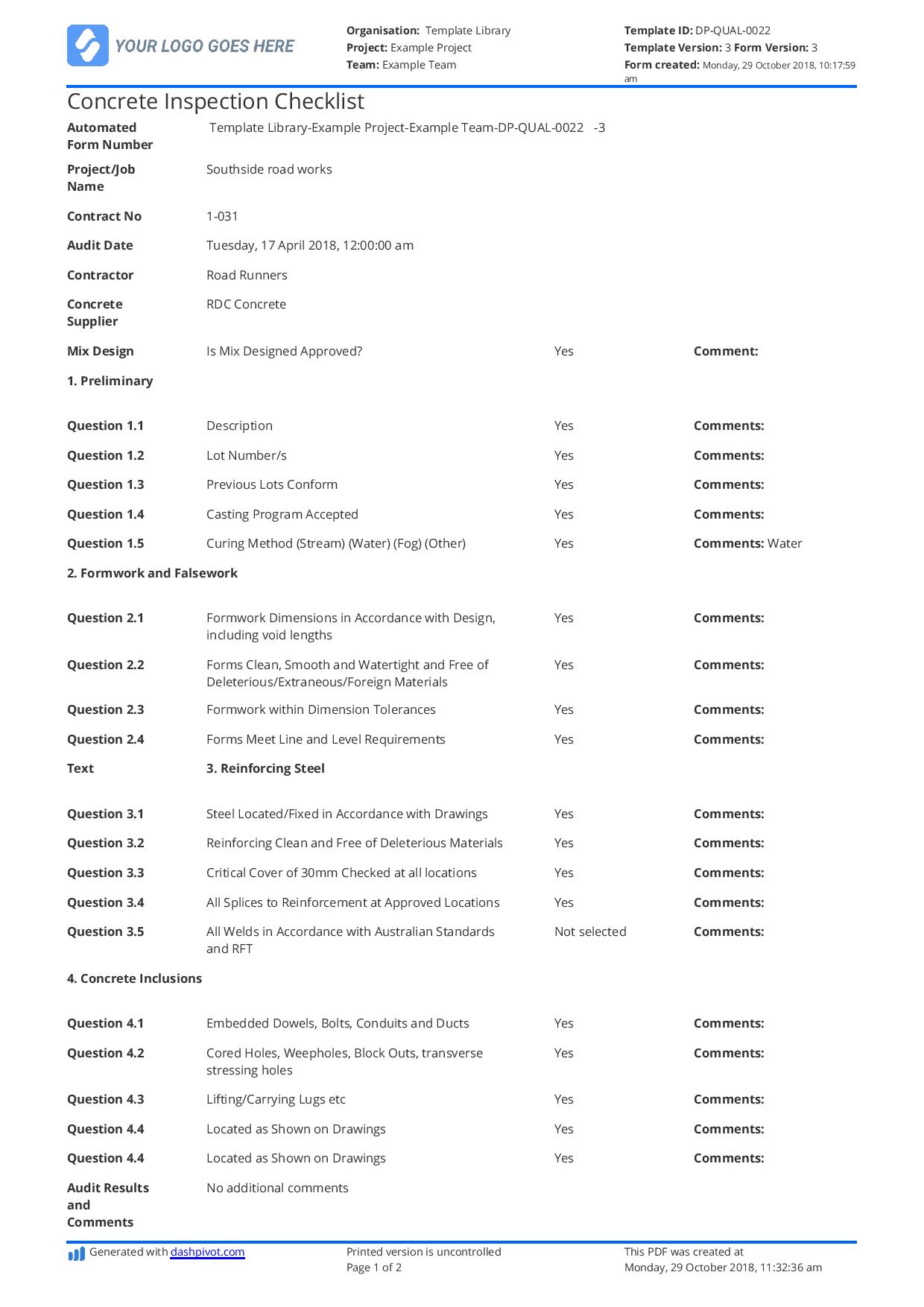 quality checklist template excel