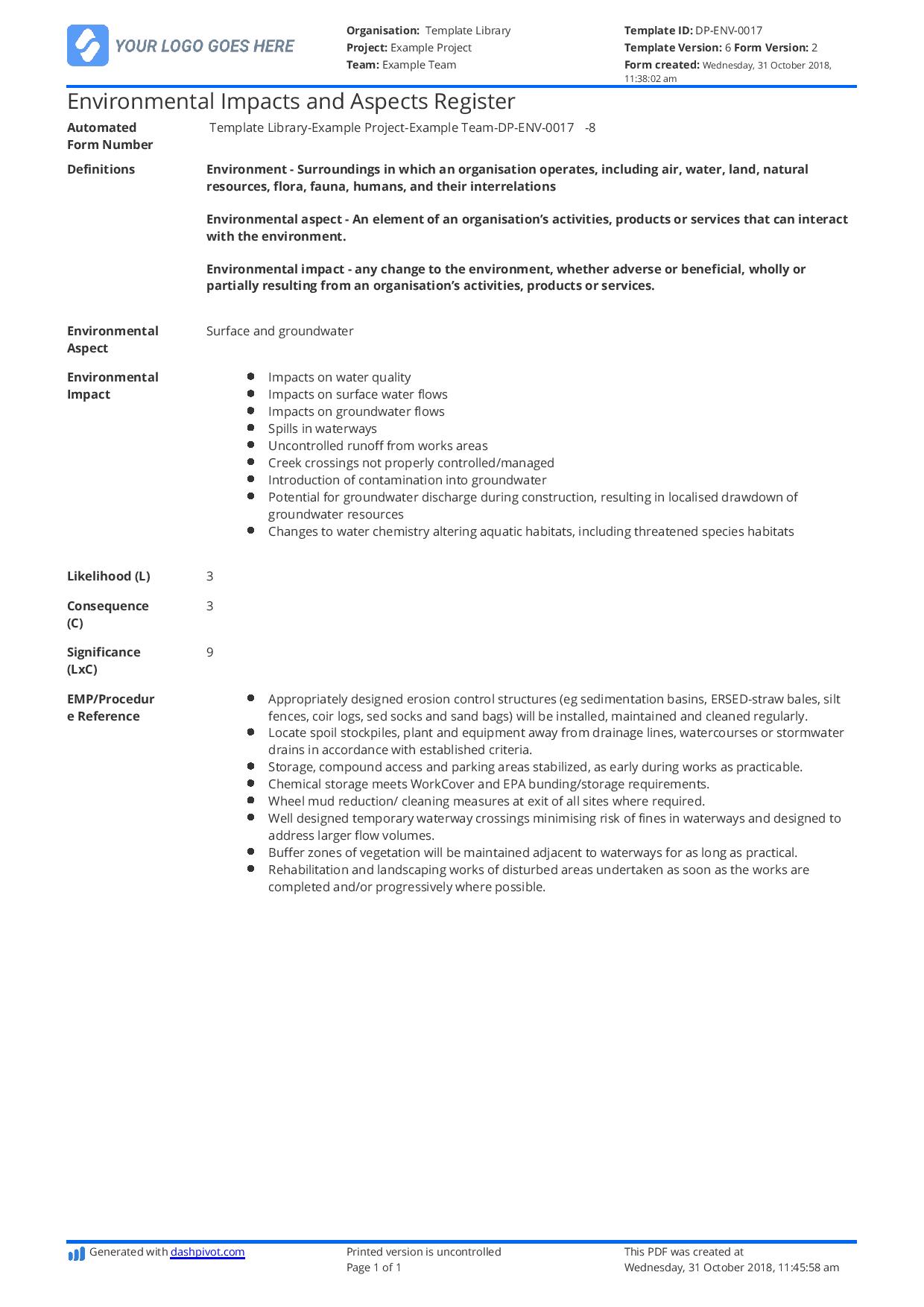 Environmental Aspects and Impacts Register (Easily ...