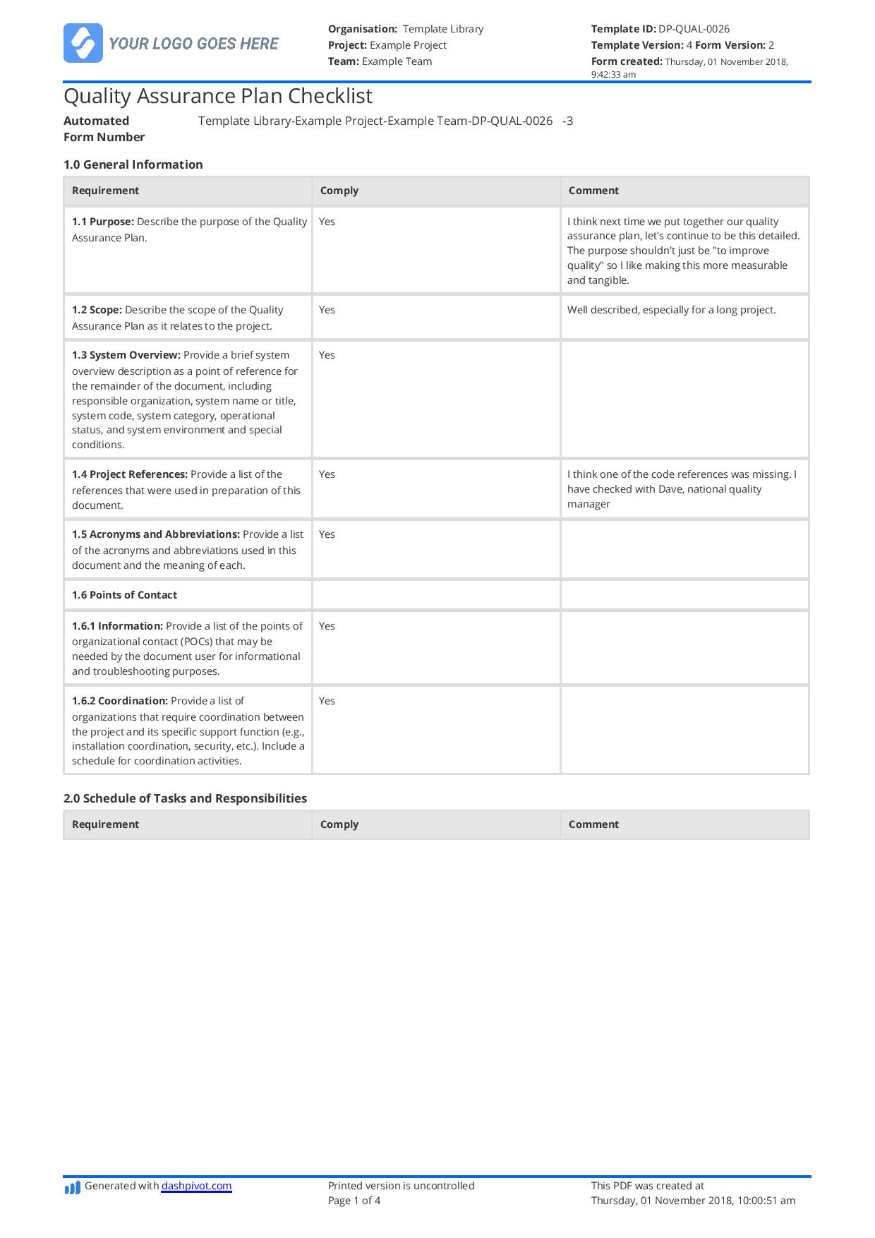 Quality Assurance Plan Checklist Free And Editable Template