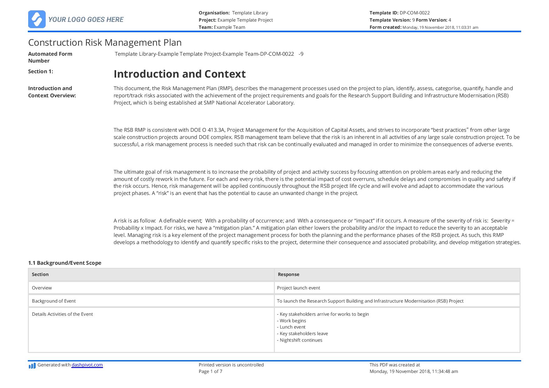 Construction Risk Management Plan Example Free To Use And Editable