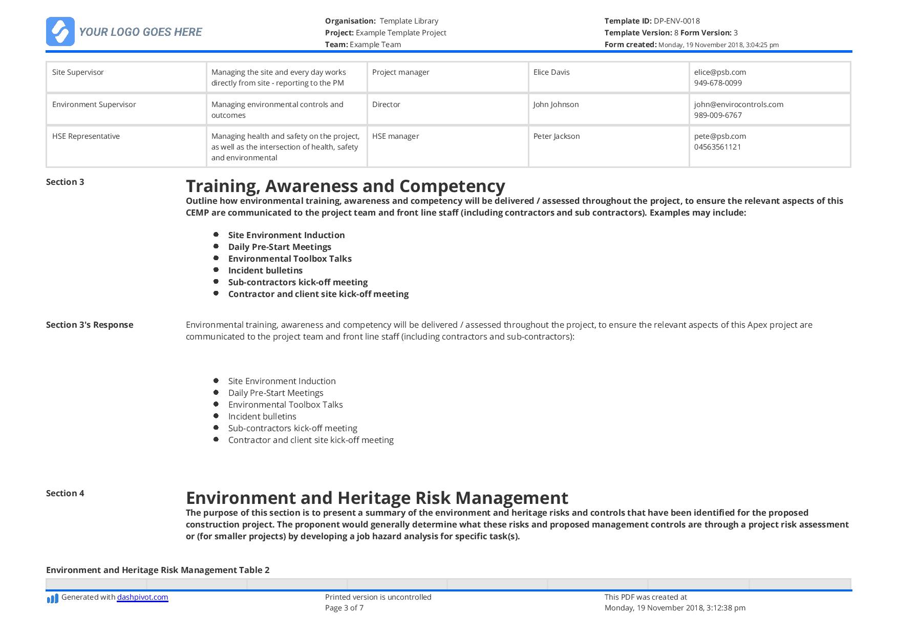 Environmental Management Plan Template for Construction Mining Oil 