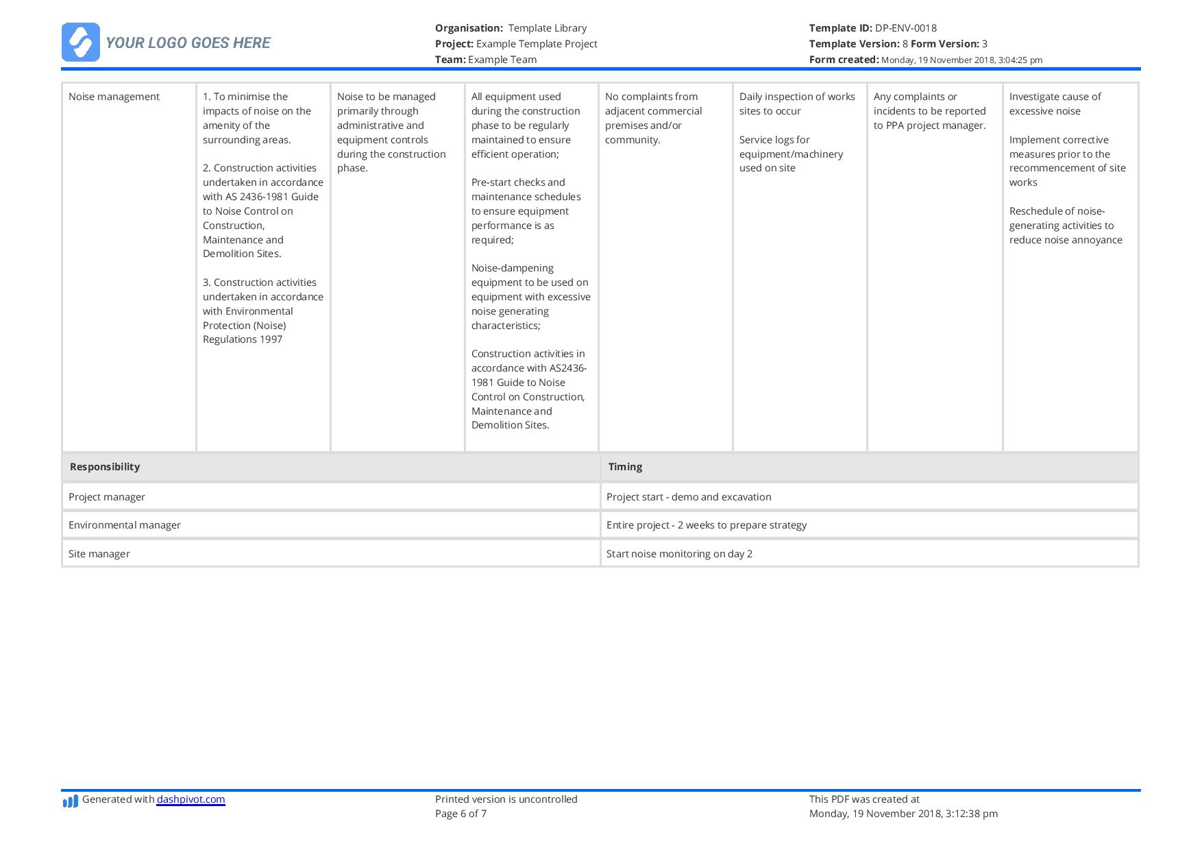 Environmental Management Plan template for Construction