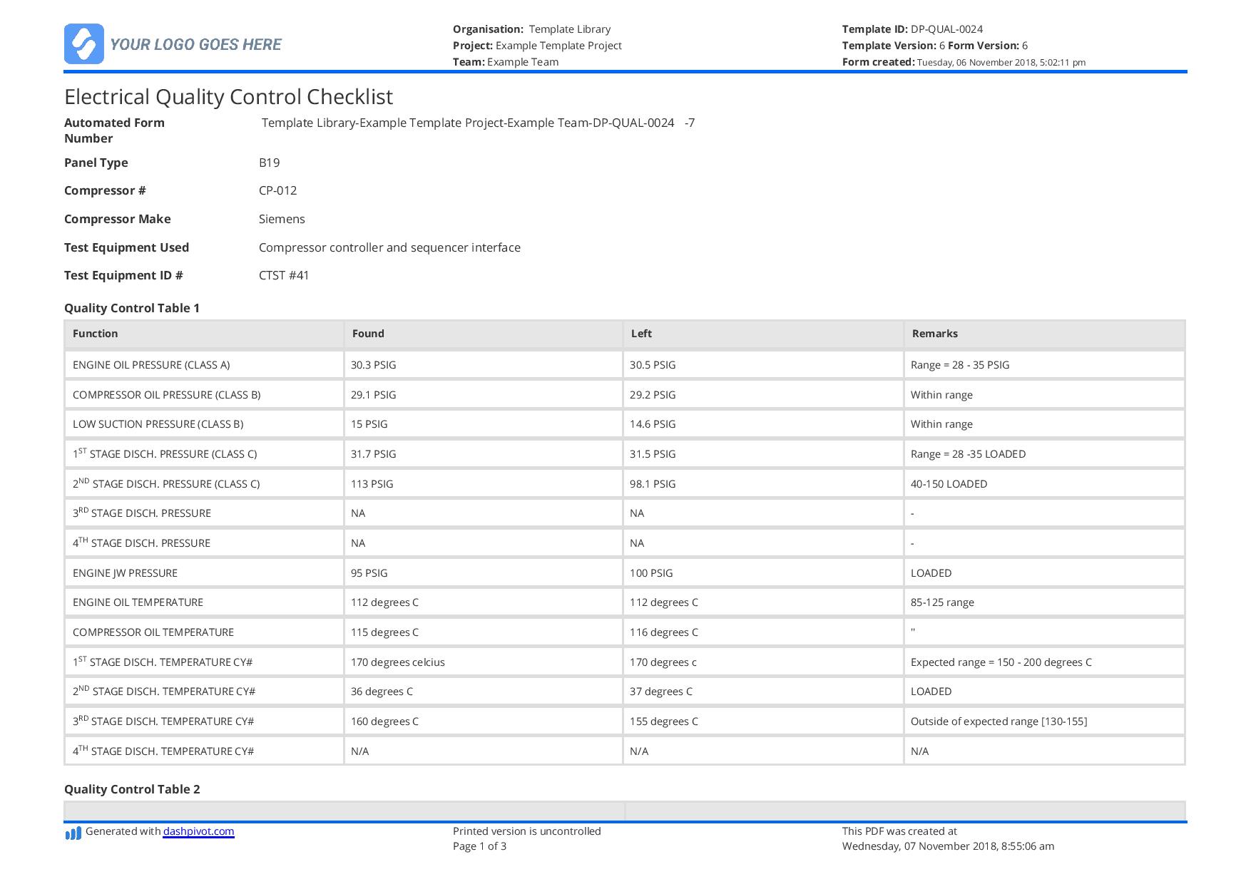 quality checklist template excel