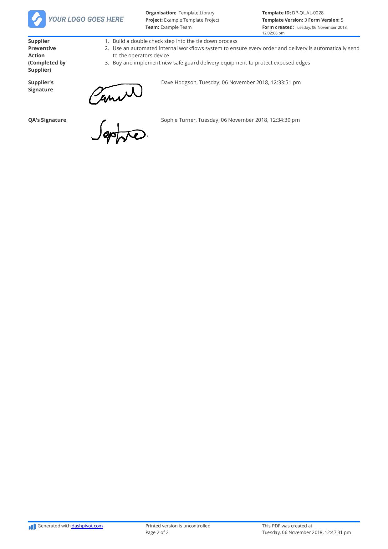 Supplier Corrective Action Report Template And Example