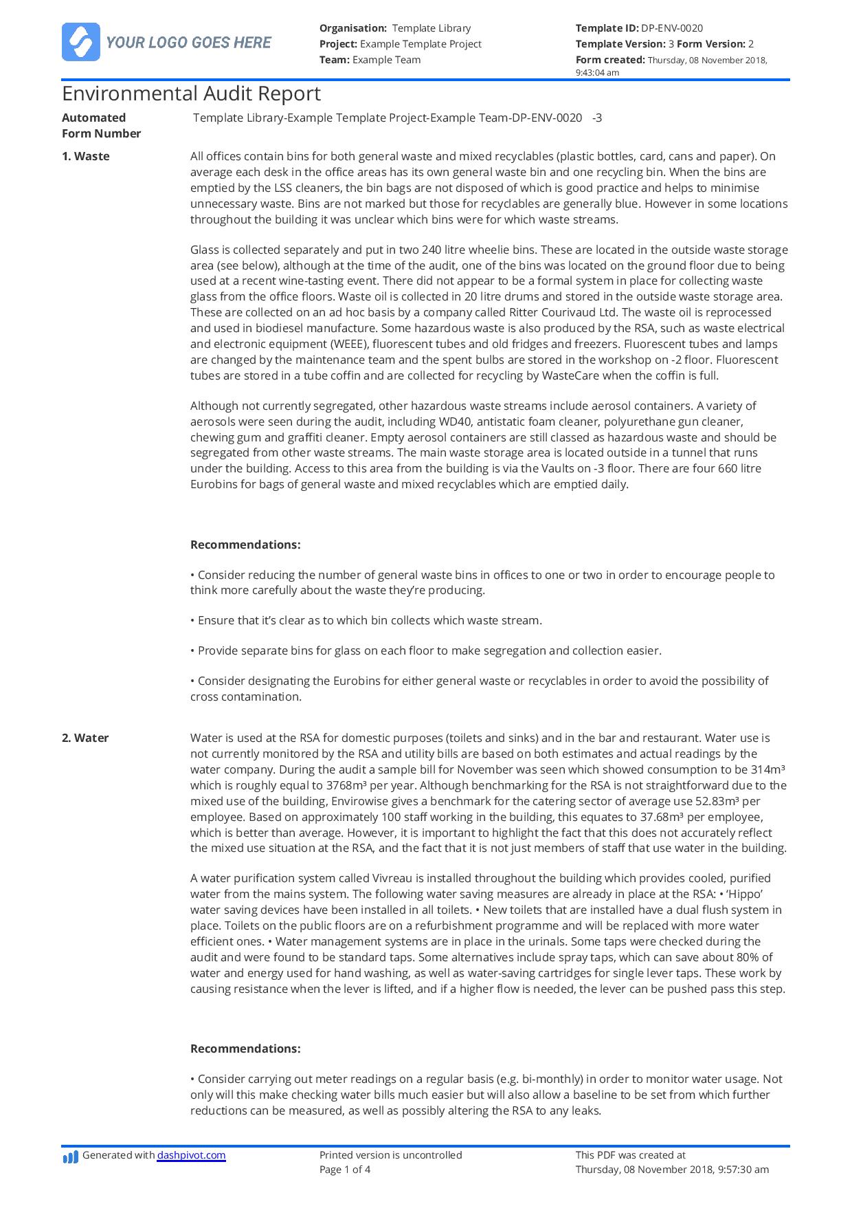 Environmental Audit Report Template Sample Format and Example