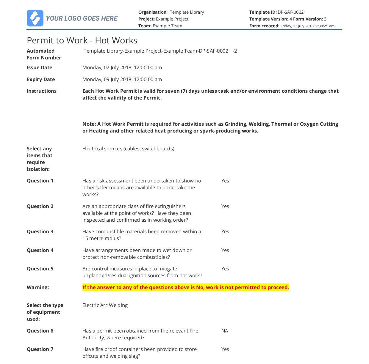 Hot works permit system