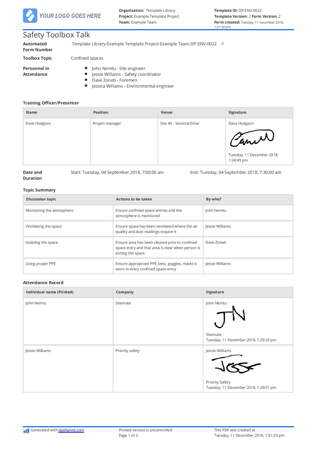 Printable Toolbox Talk Template