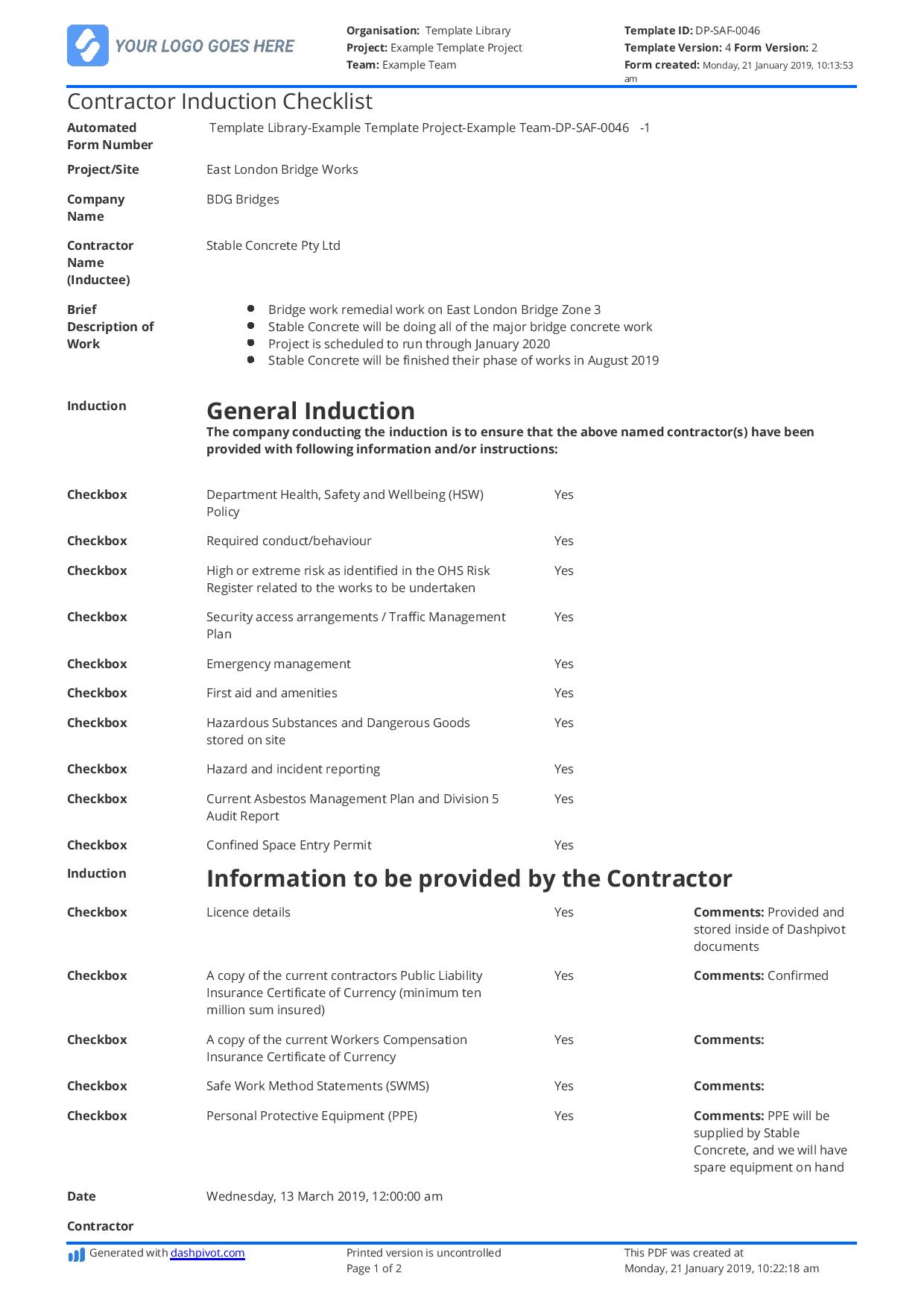 Contractor Induction Checklist Template Free To Use And Edit