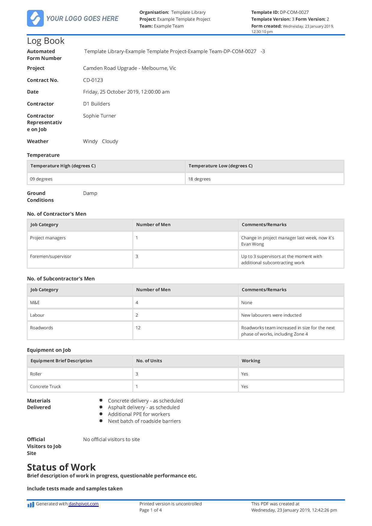 Construction Log Book: Use this construction log book sample