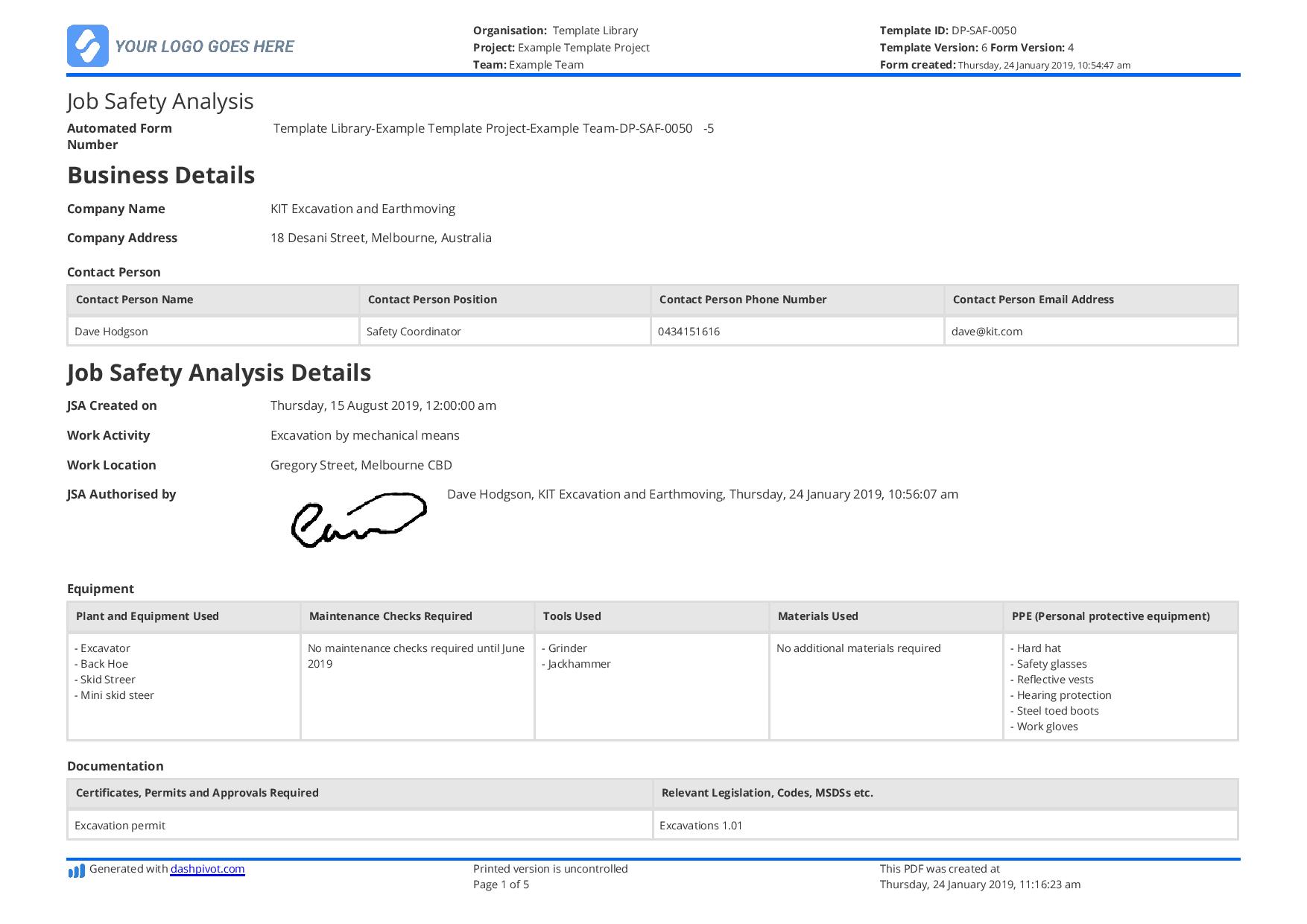 Job safety analysis for excavation template