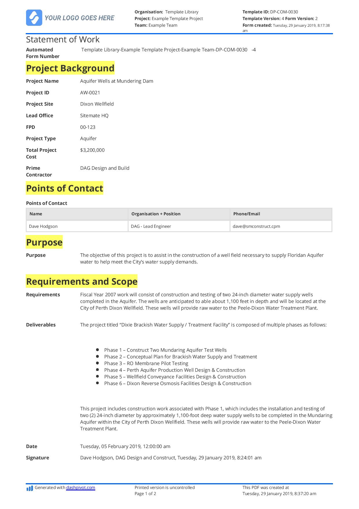 Construction Statement of Work Example Free and Customisable