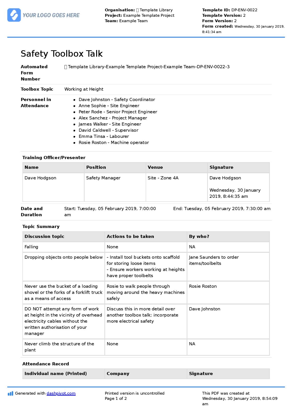 Tool Box Talk Briefing Sheet - Construction Phase Plan