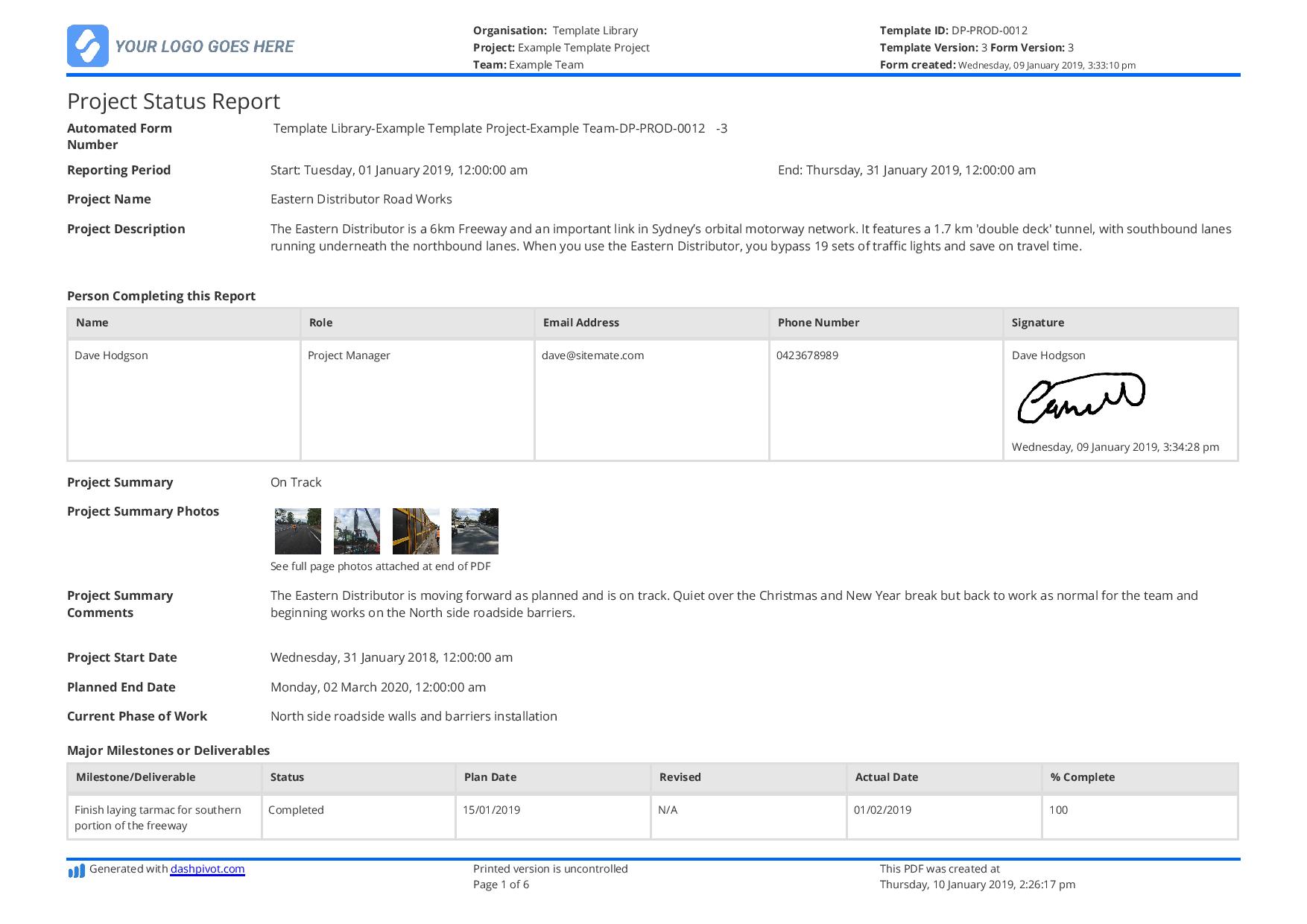 Example Of A Project Status Report To Copy Use Download Or Print