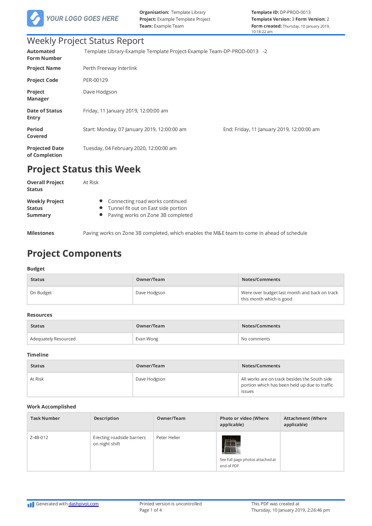 Example of a project status report to copy, use, download or print