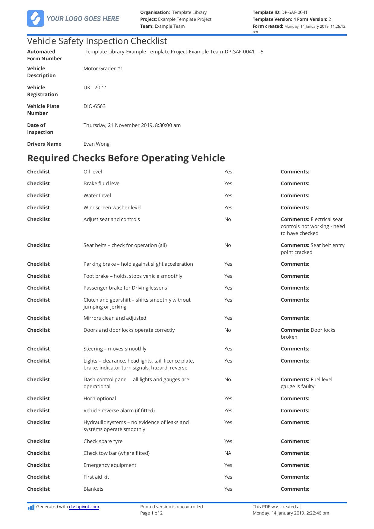 Vehicle Safety Inspection Checklist template Free and customisable