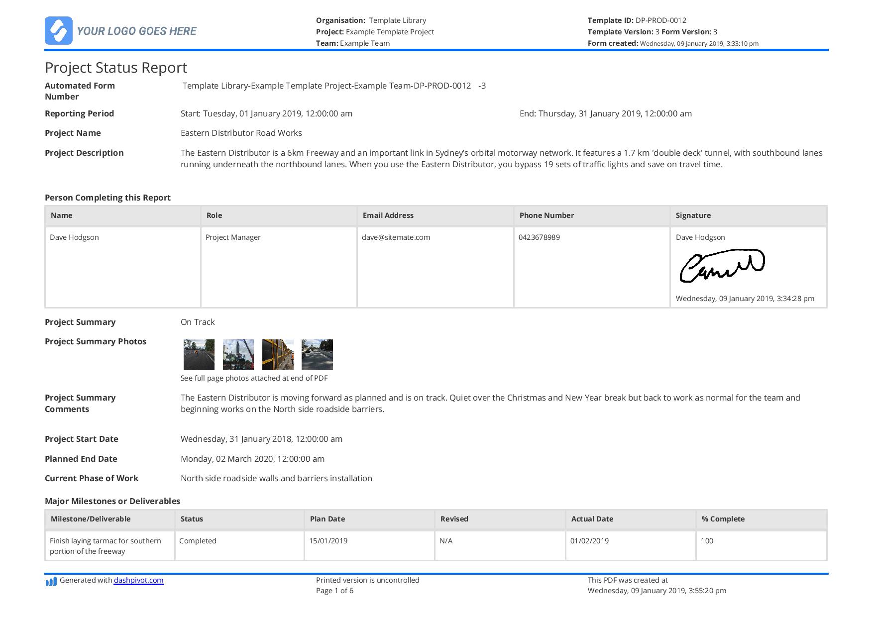 project status report excel template