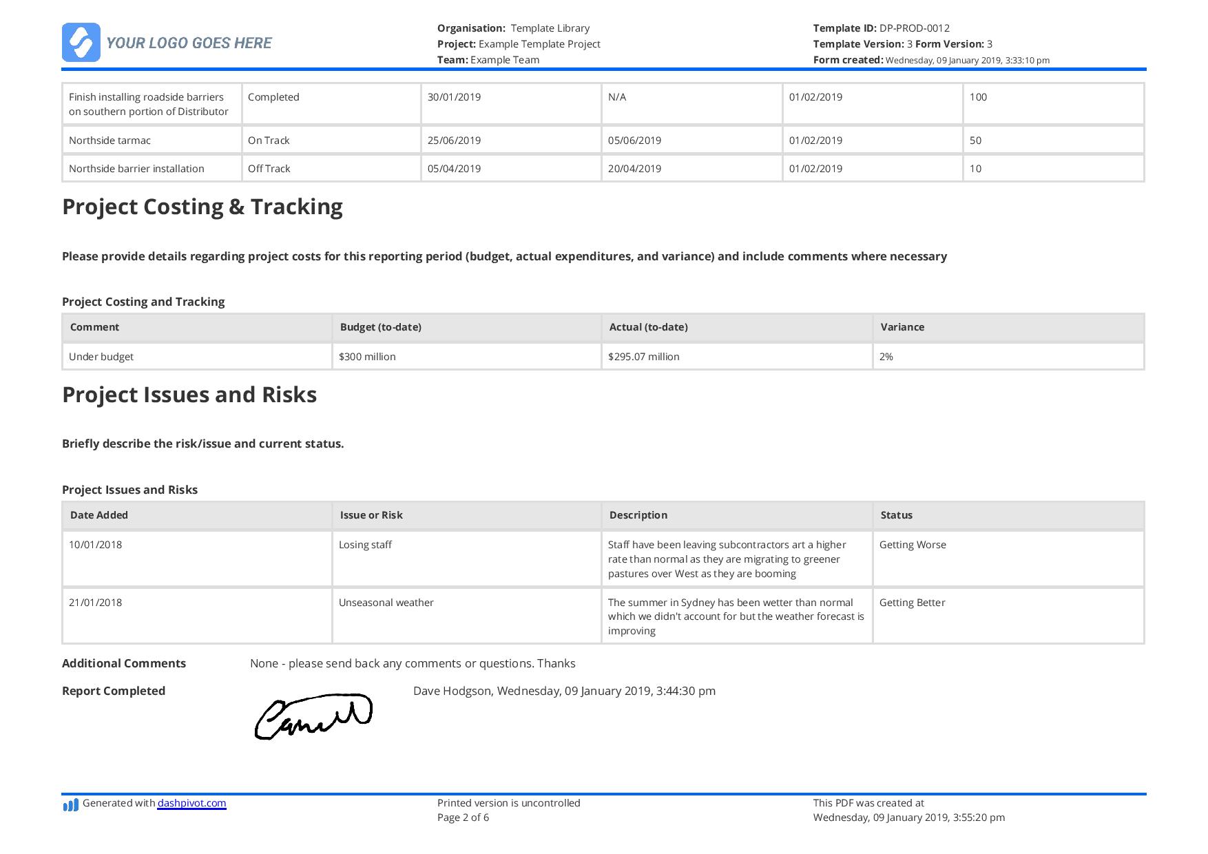 Production Status Report Template