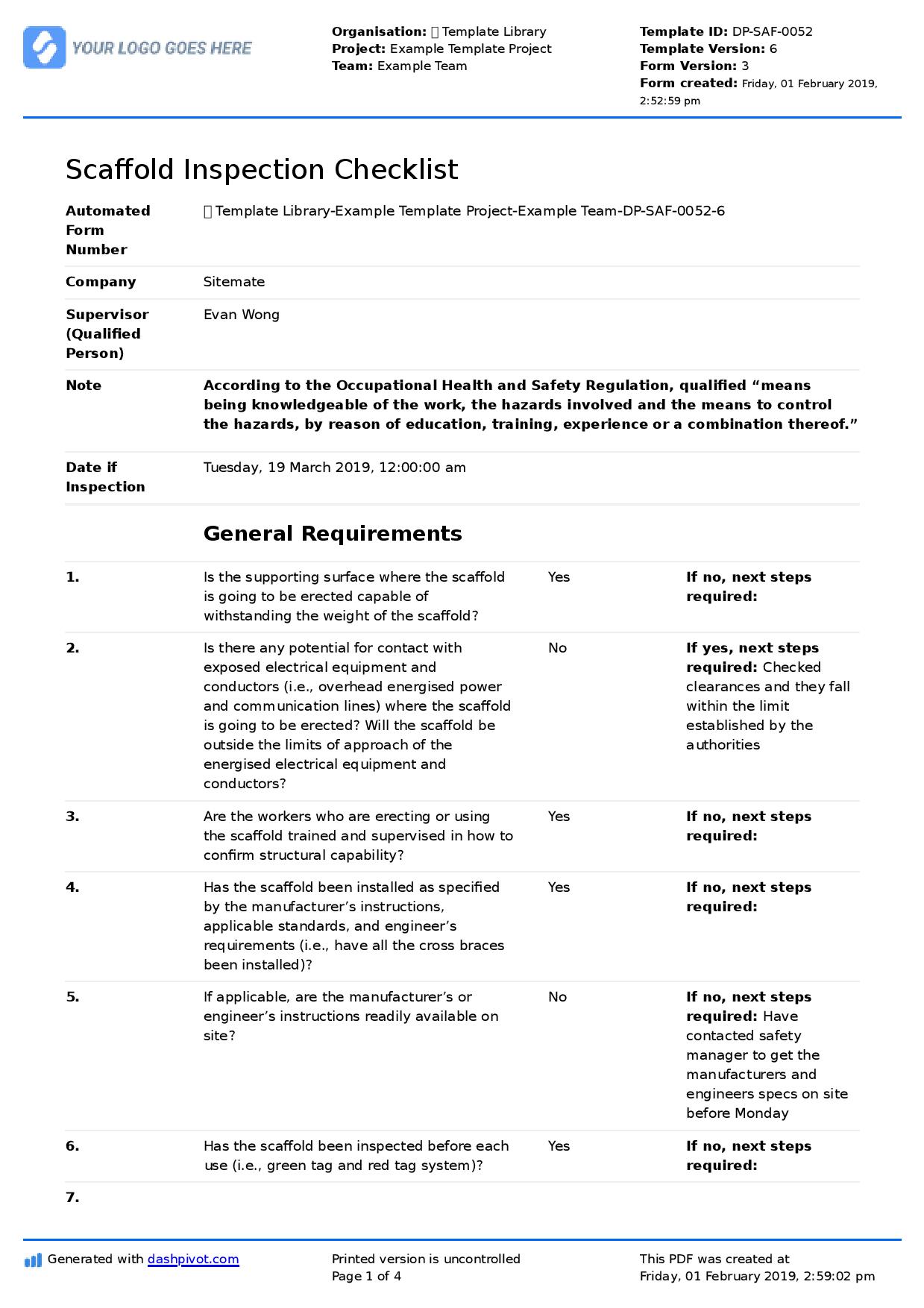 Printable Scaffold Inspection Checklist