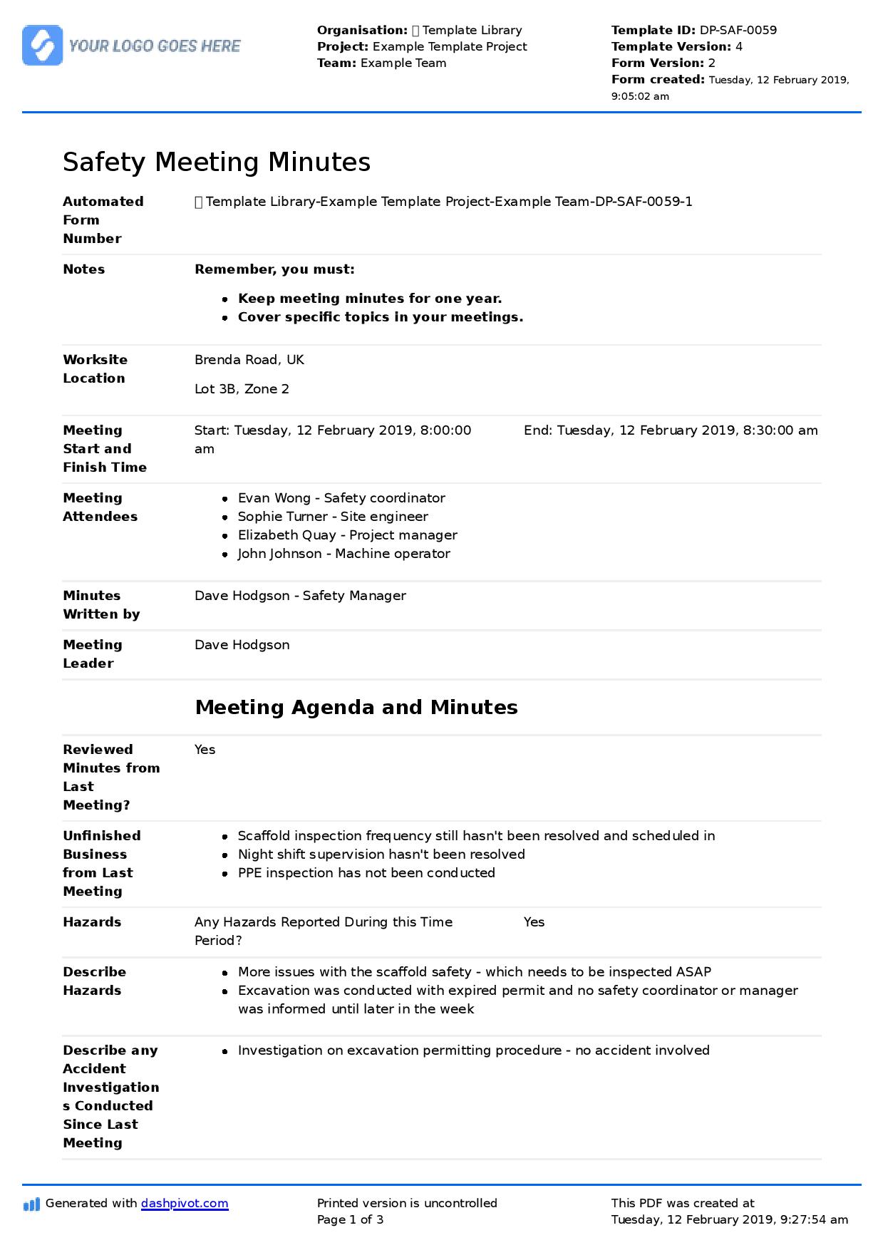 Safety Meeting Minutes Template Free To Use And Better Than PDF 