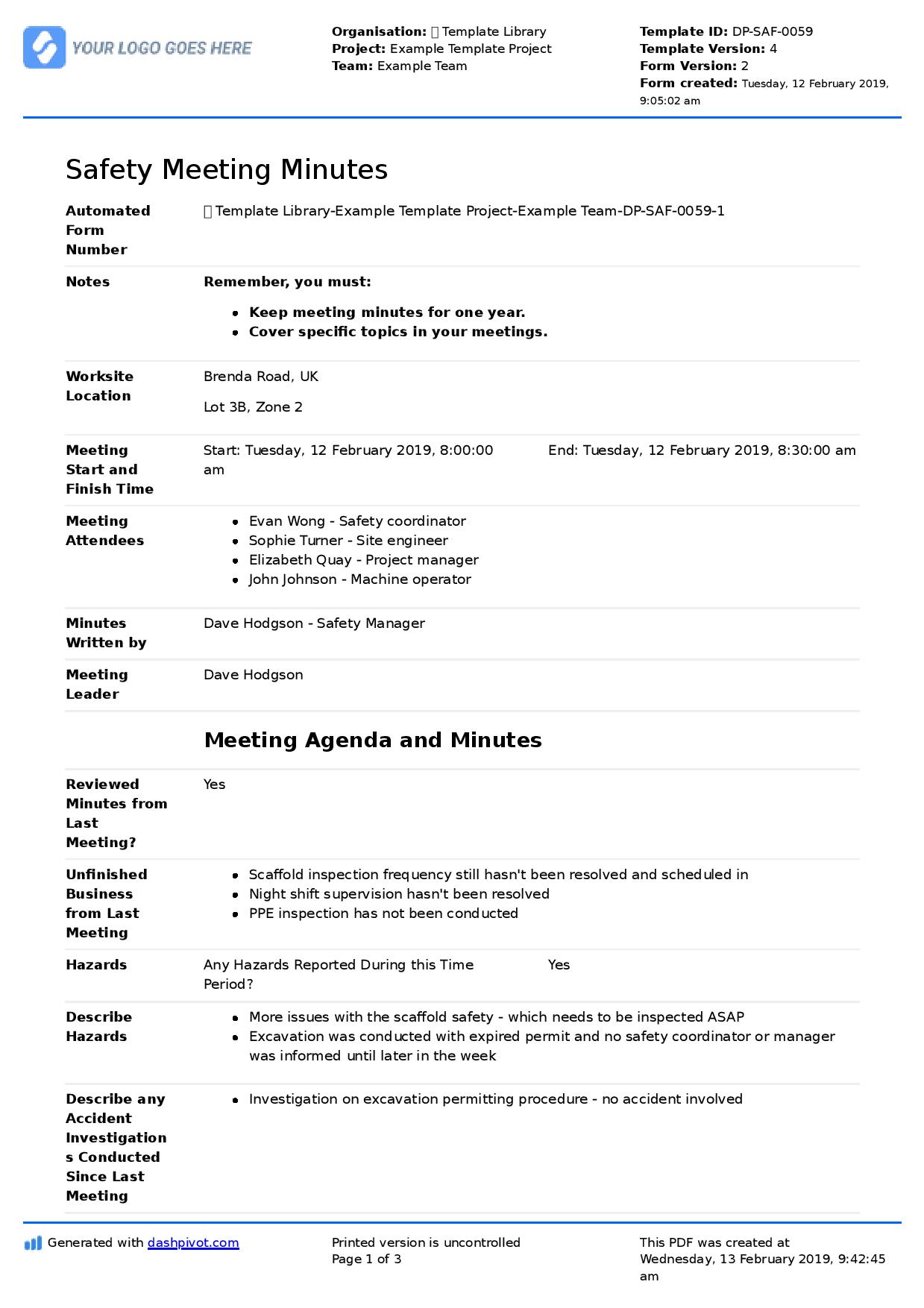 Safety Committee Meeting Agenda and Minutes template - Use it free Regarding Safety Committee Meeting Template