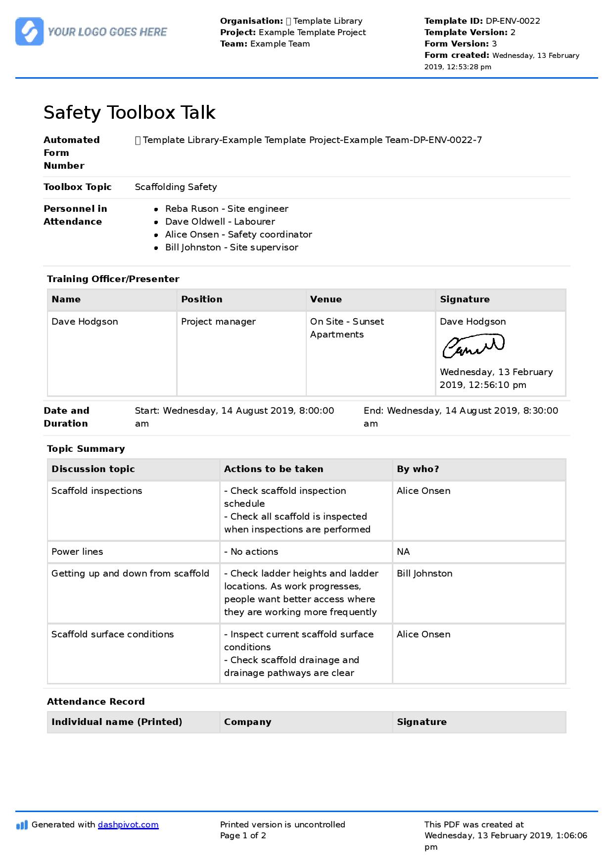 Tool Box Talk Briefing Sheet - Construction Phase Plan