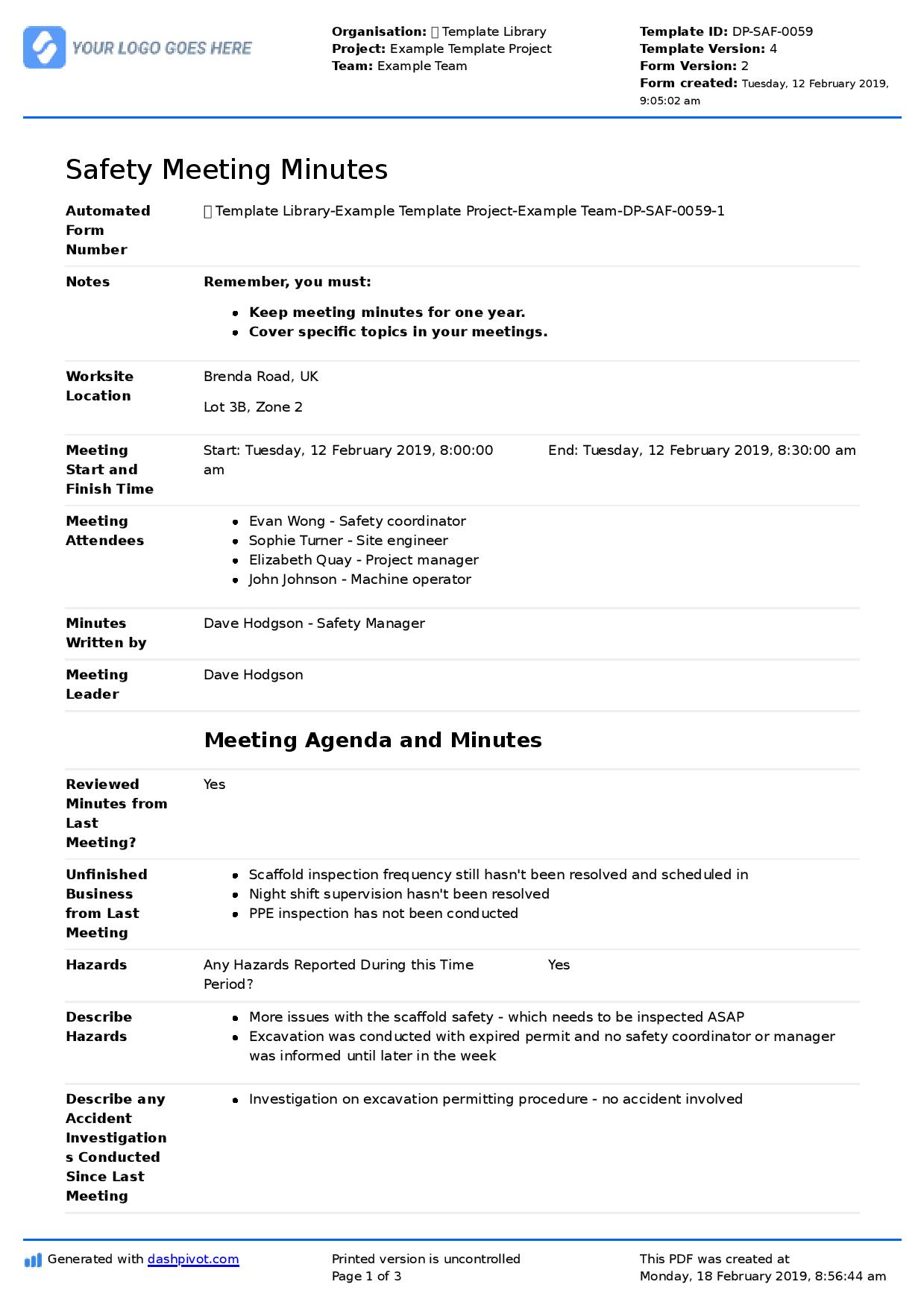 Minutes of Health and Safety Meeting template (Free and editable)