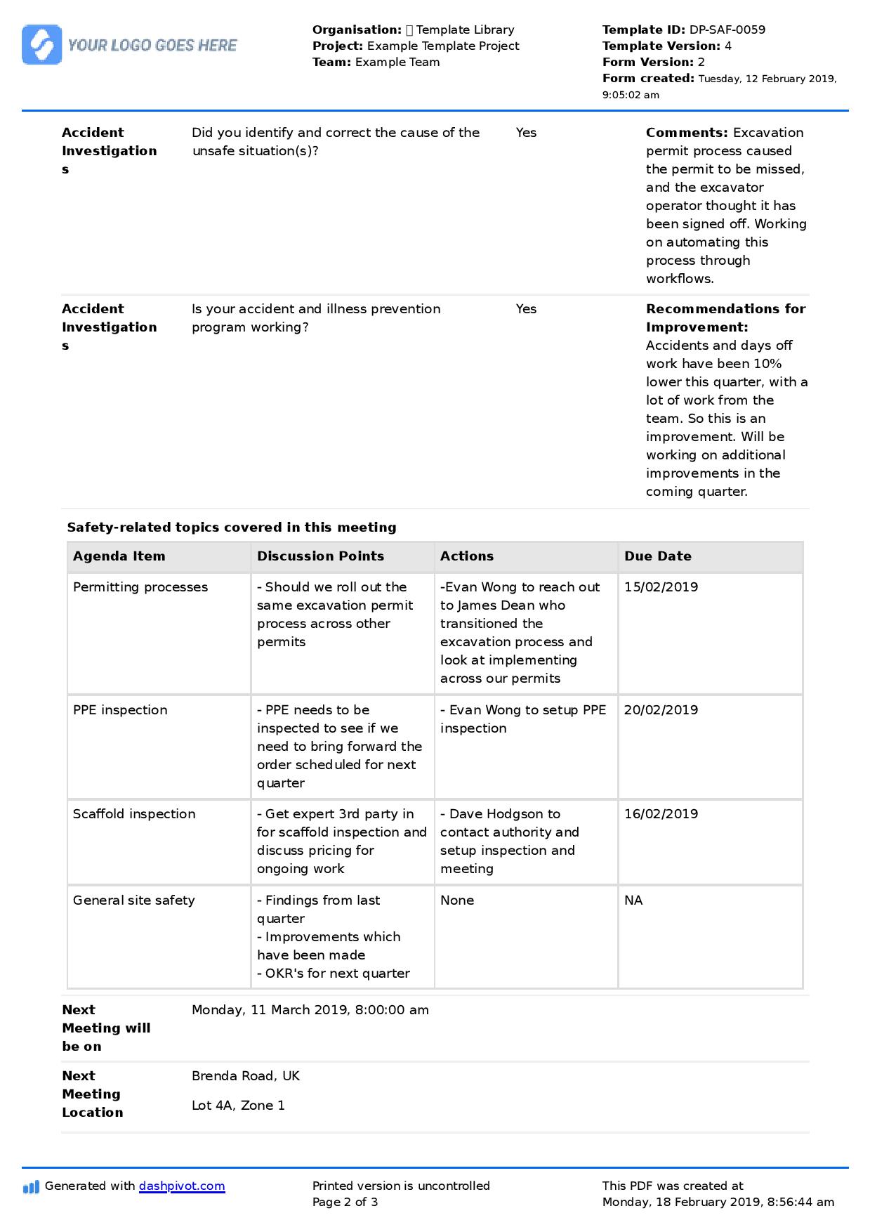 Minutes of Health and Safety Meeting template (Free and editable)