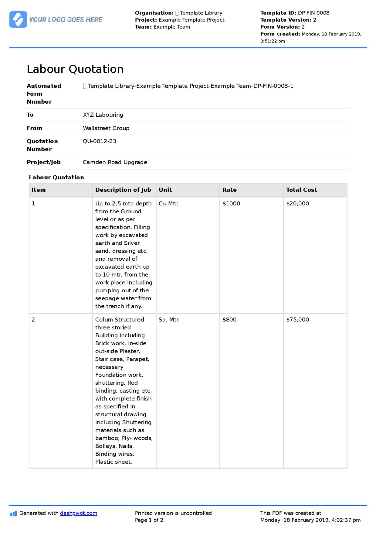 Labour Quotation for Building Construction template (Better than PDF)