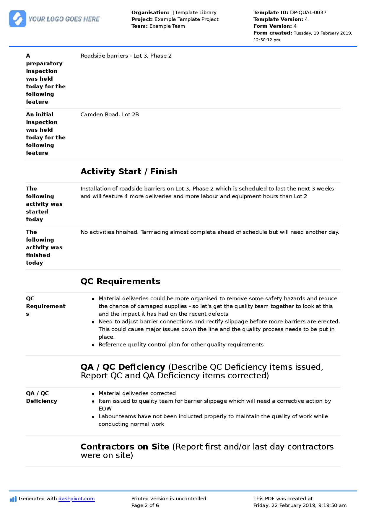 QA QC Report template and sample with customisable format For Construction Deficiency Report Template