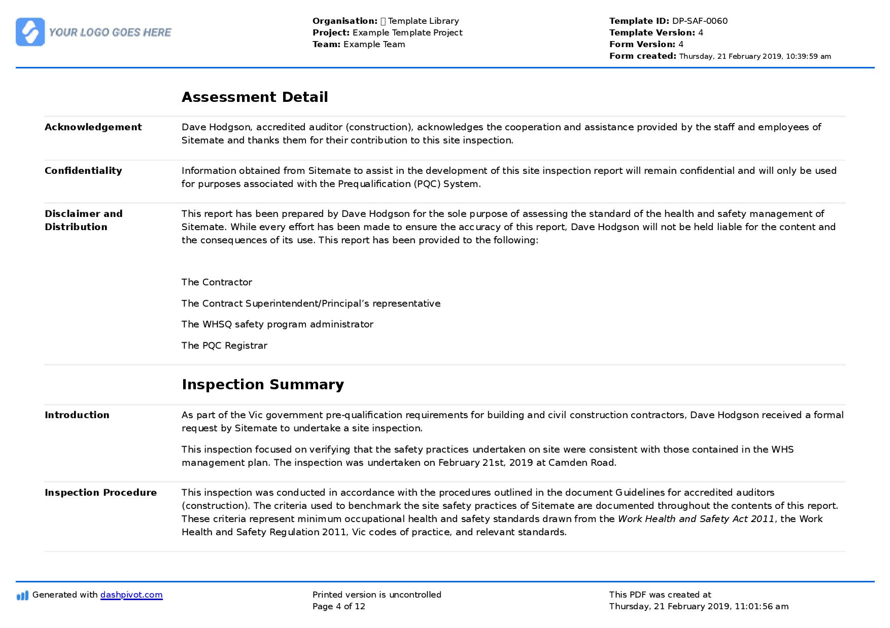 Site inspection report template