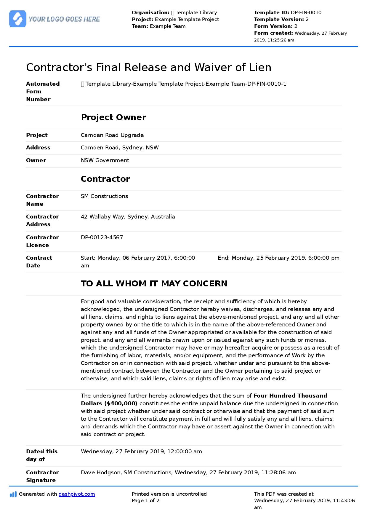 Contractors Lien Release Form Free and editable template