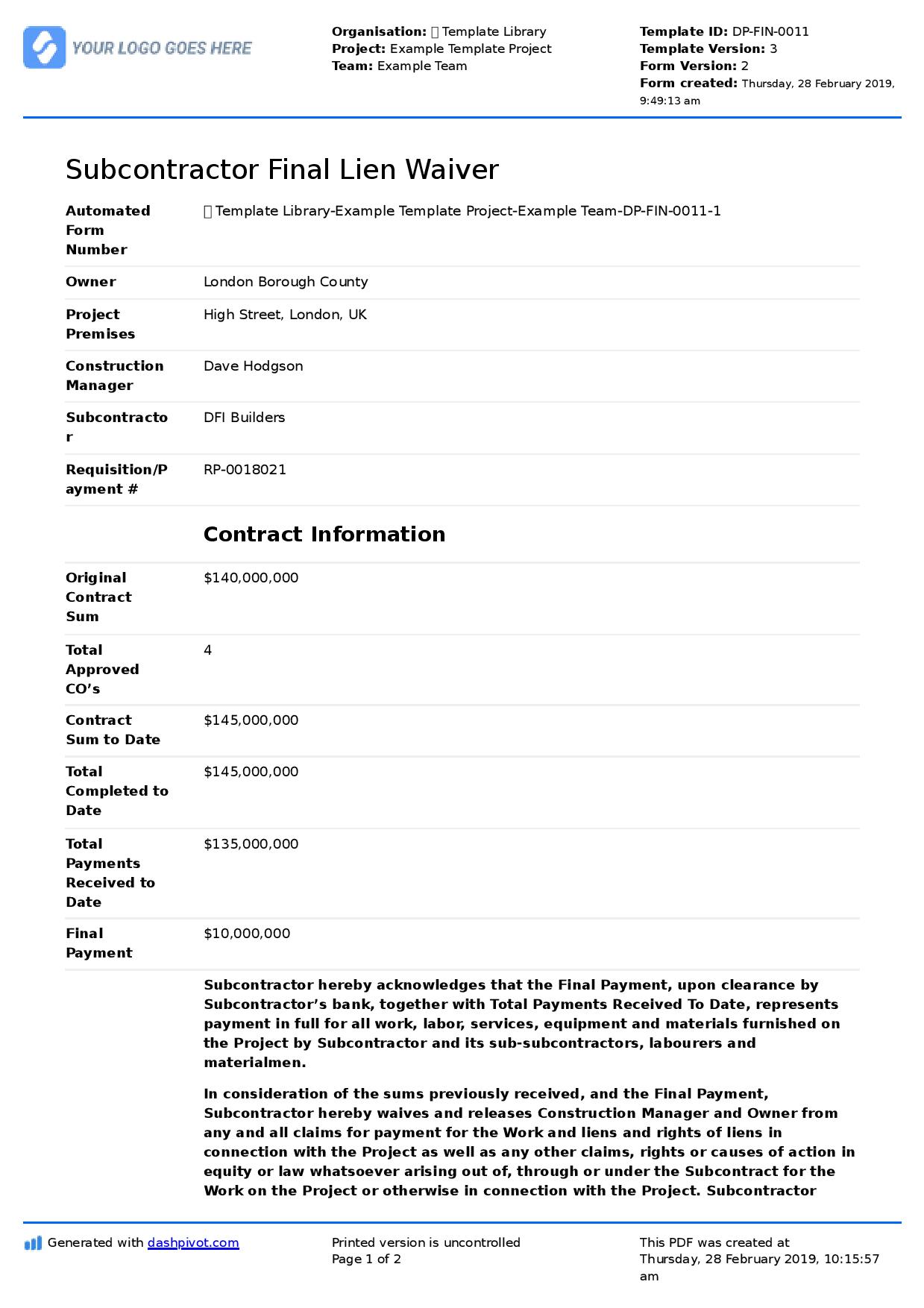 Subcontractor Lien Waiver Template 4939