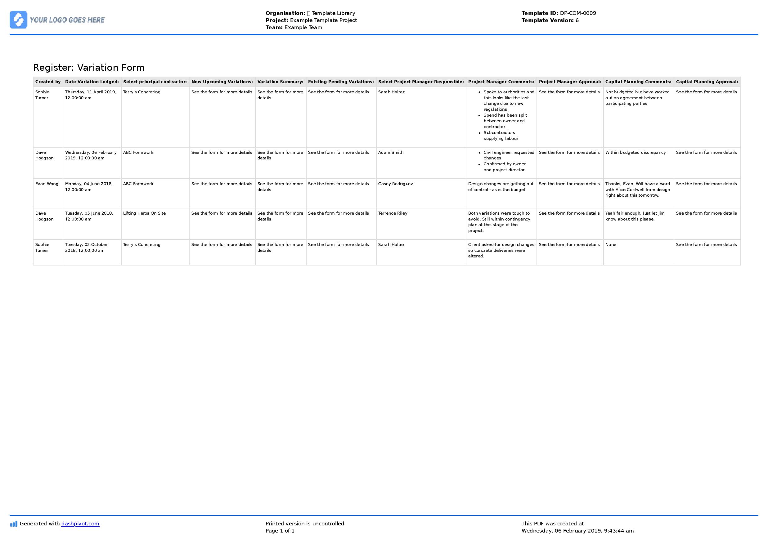 Variation Register template: Free to use and edit (better than excel)