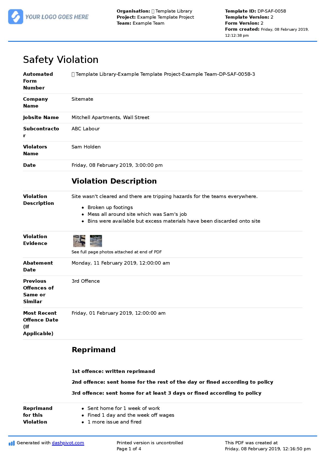 Safety Violation Template Easy Safety Violation Forms And Notices 0266