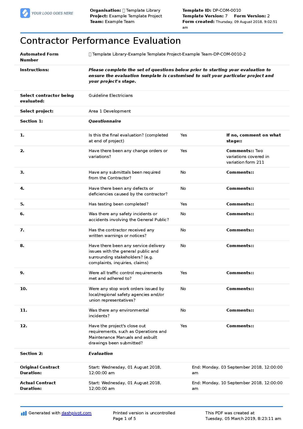 Contractor Performance Report template: Free and customisable report