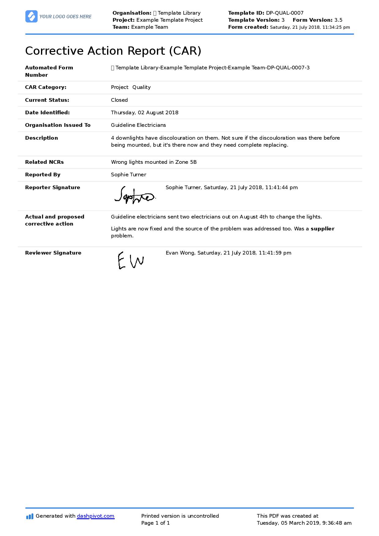 Corrective And Preventive Action Report Format