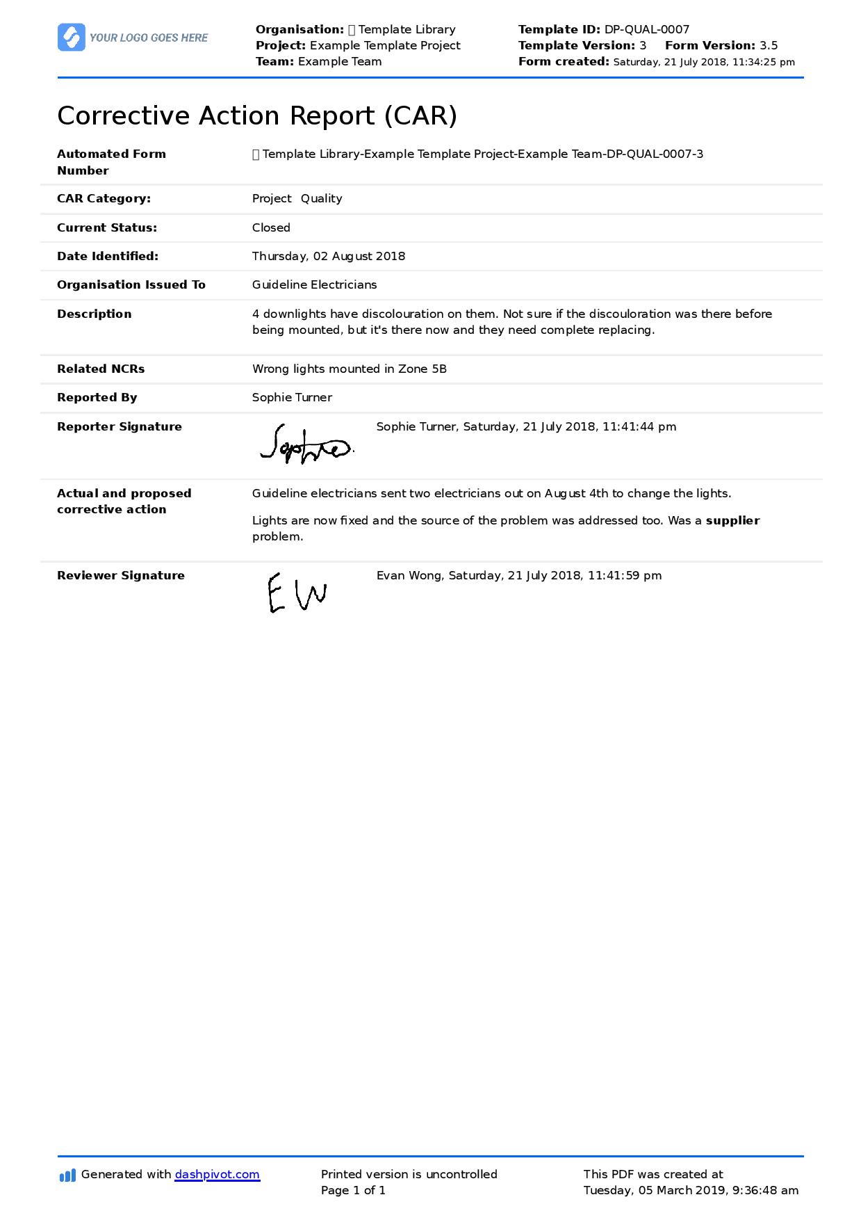 Corrective And Preventive Action Example Usable Examples