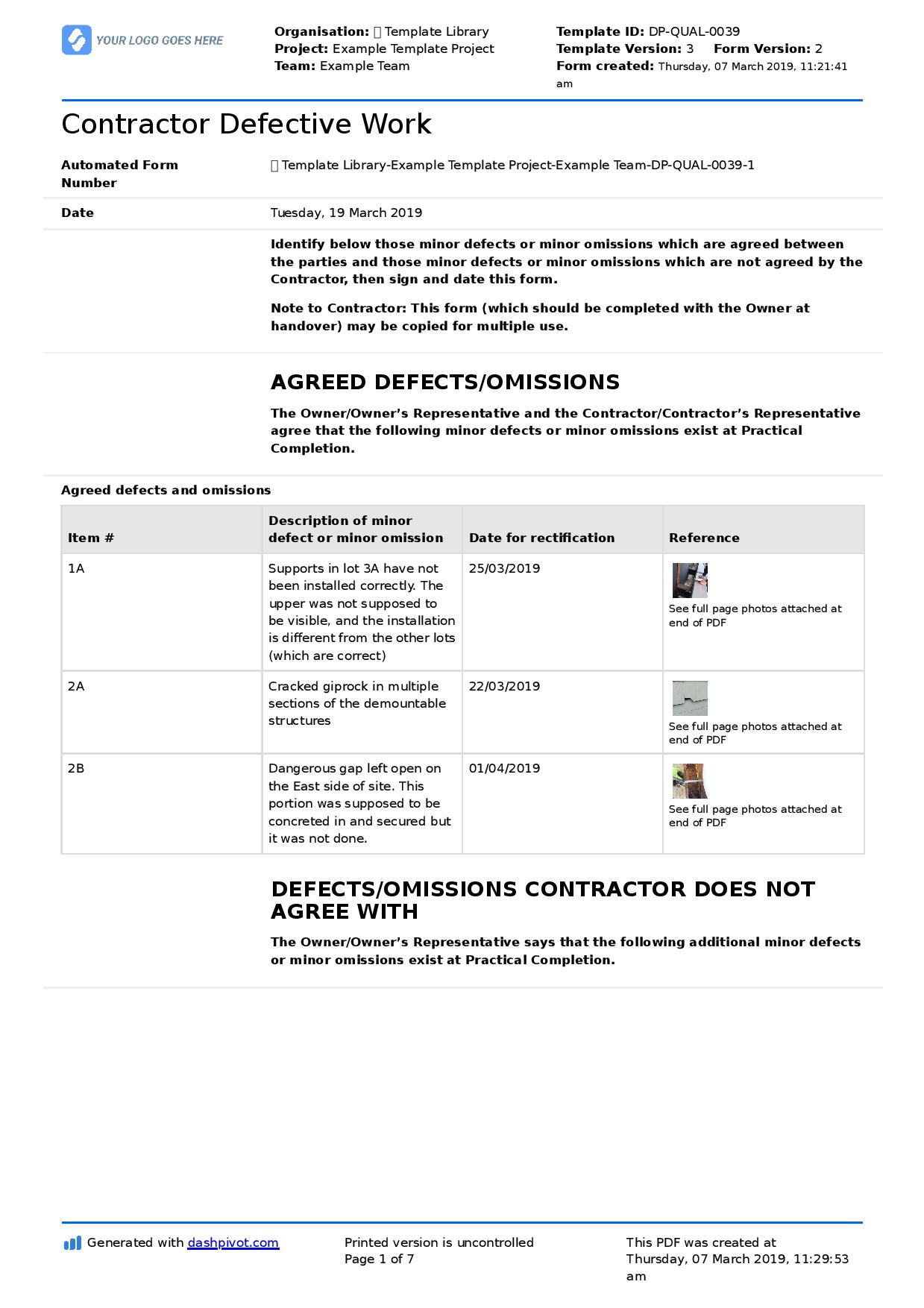 Letter to contractor for defective work: Sample letter and template Intended For Construction Deficiency Report Template