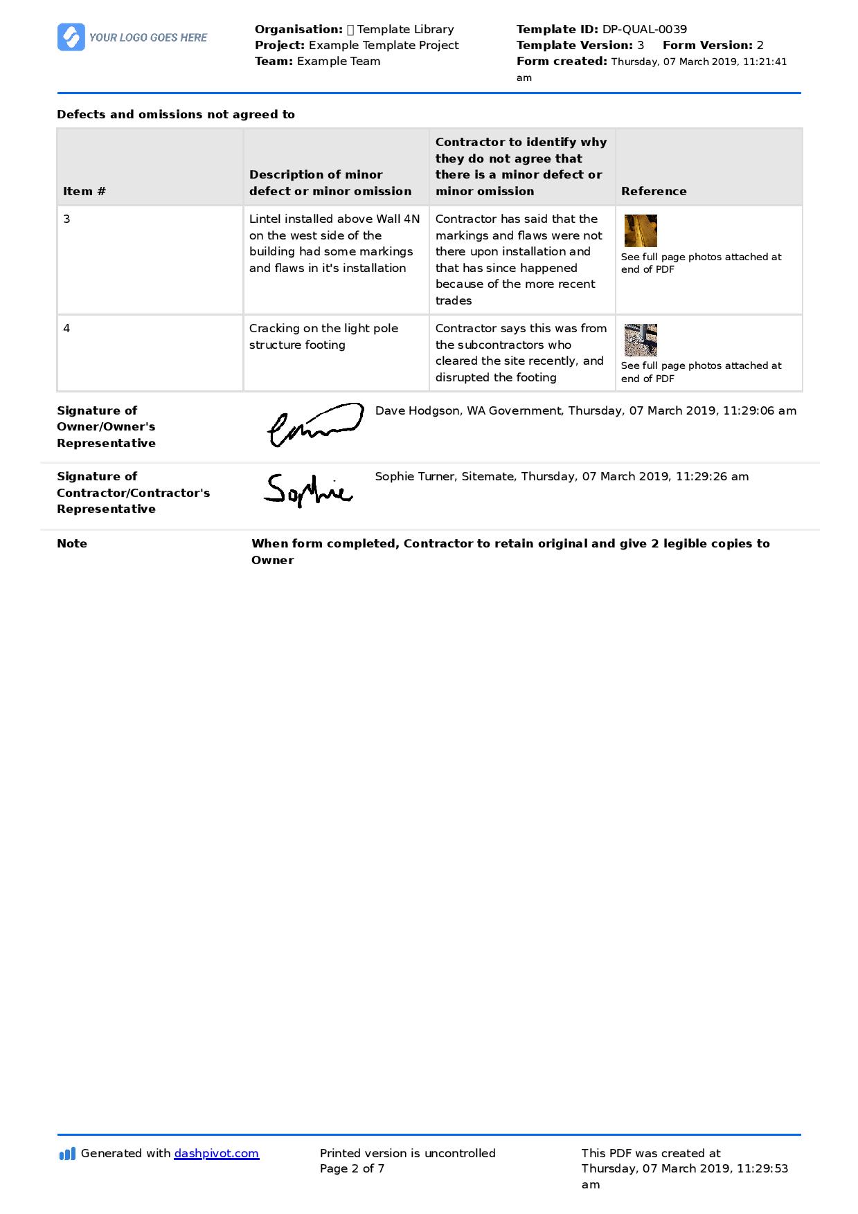 Letter to contractor for defective work: Sample letter and template Intended For Practical Completion Certificate Template Uk