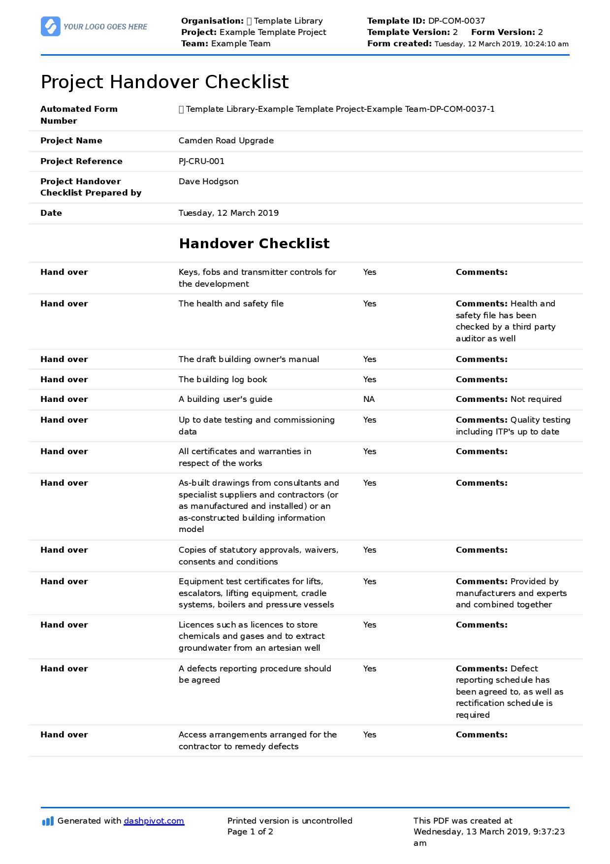 Construction project handover document sample to use or copy Pertaining To Handover Certificate Template