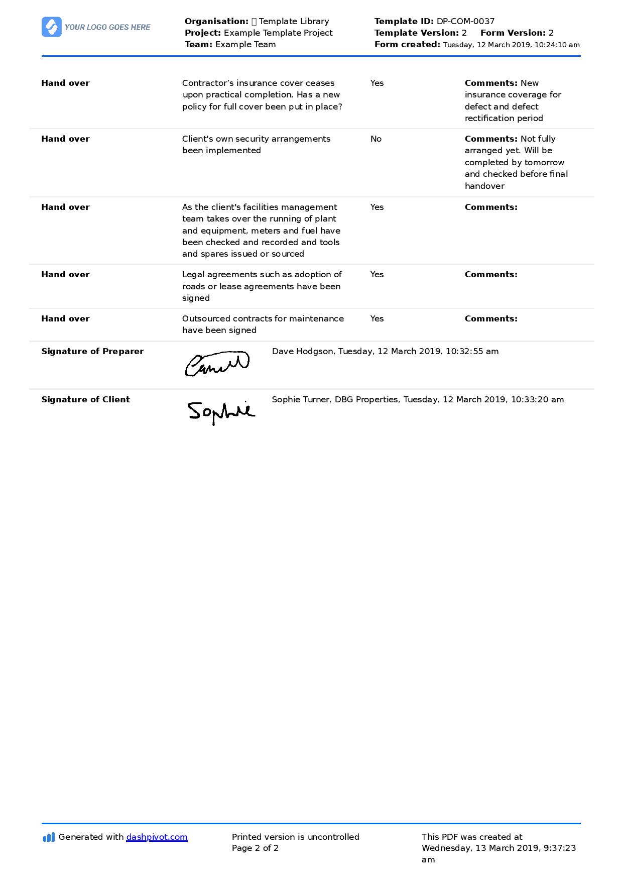 Construction project handover document sample to use or copy