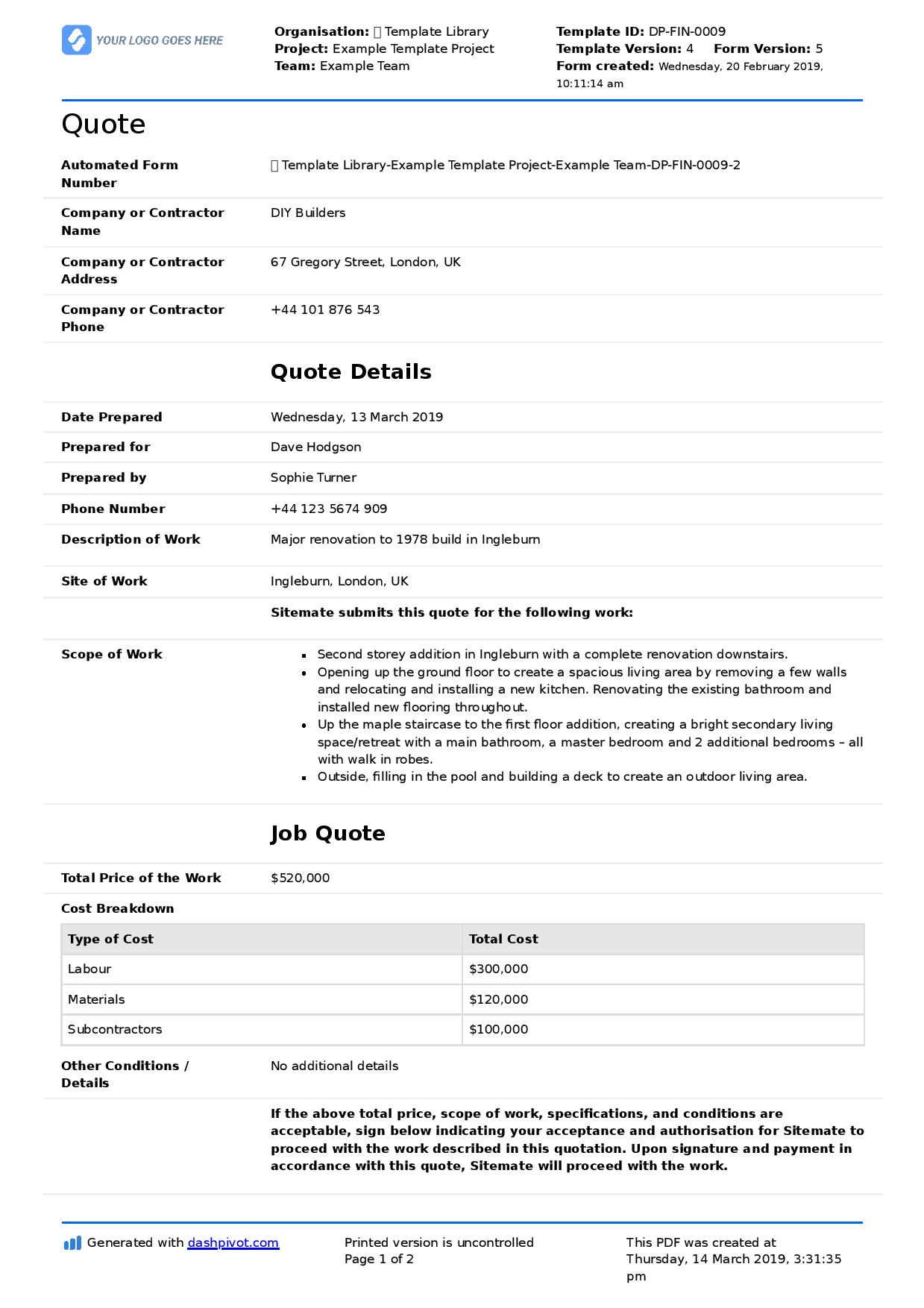 Construction Quote Template Free Resume Examples - Gambaran