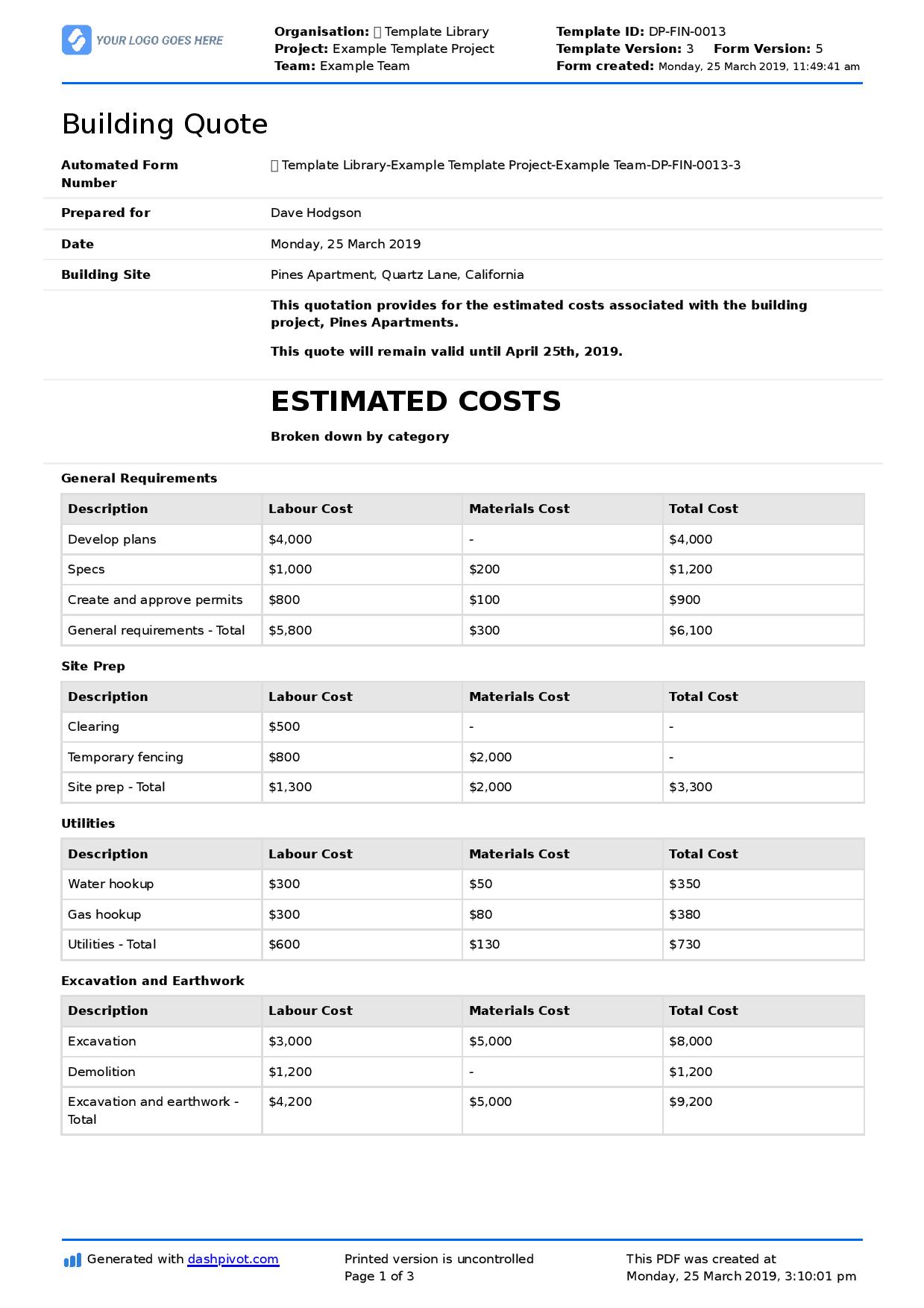 Building Construction Quote Template and Sample PDF